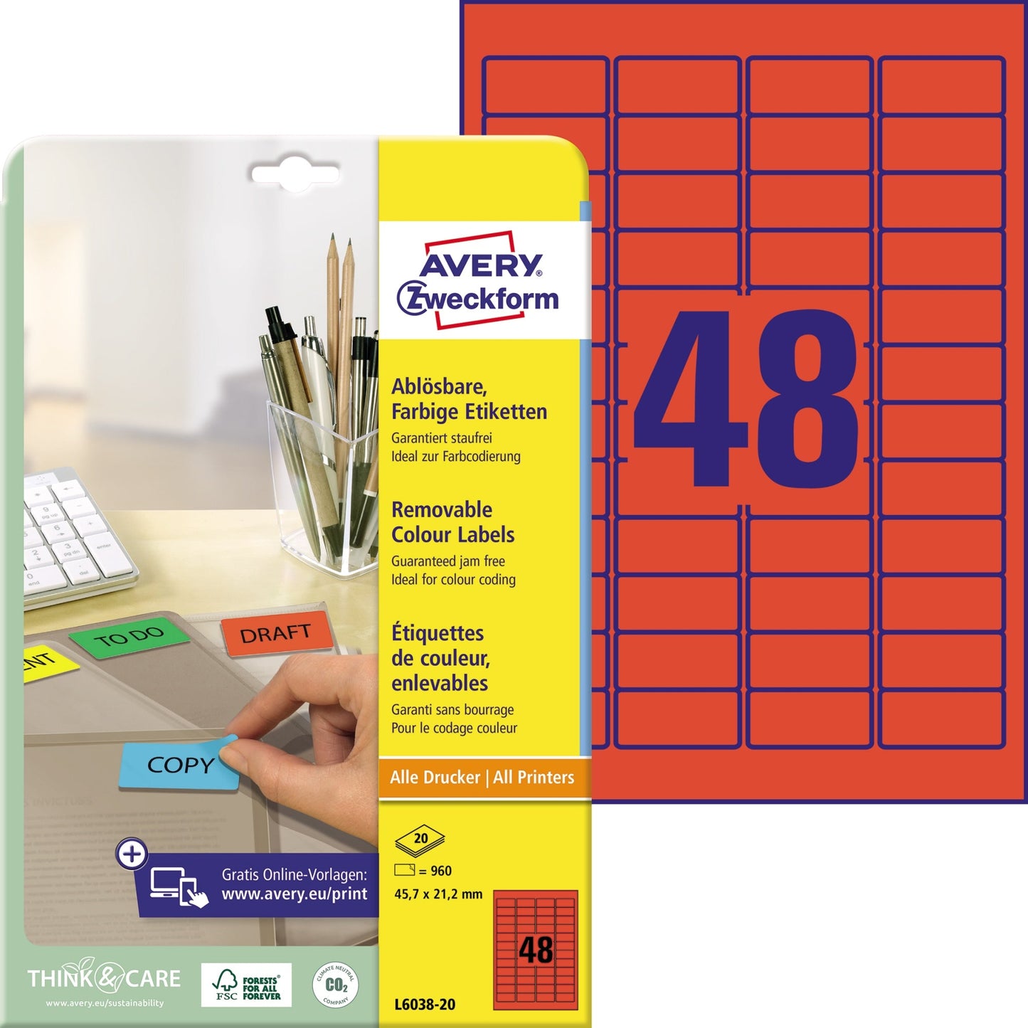 Avery Zweckform Universaletikett 45,7 x 21,2 mm (B x H) wieder ablösbar Papier rot 960 Etik./Pack.