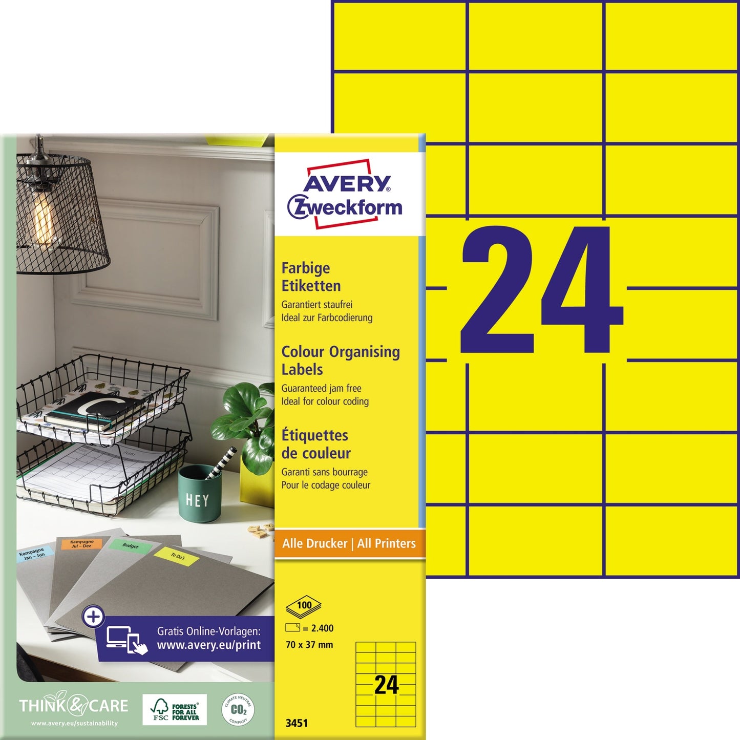 Avery Zweckform Universaletikett 70 x 37 mm (B x H) nicht wieder ablösbar Papier gelb 2.400 Etik./Pack.
