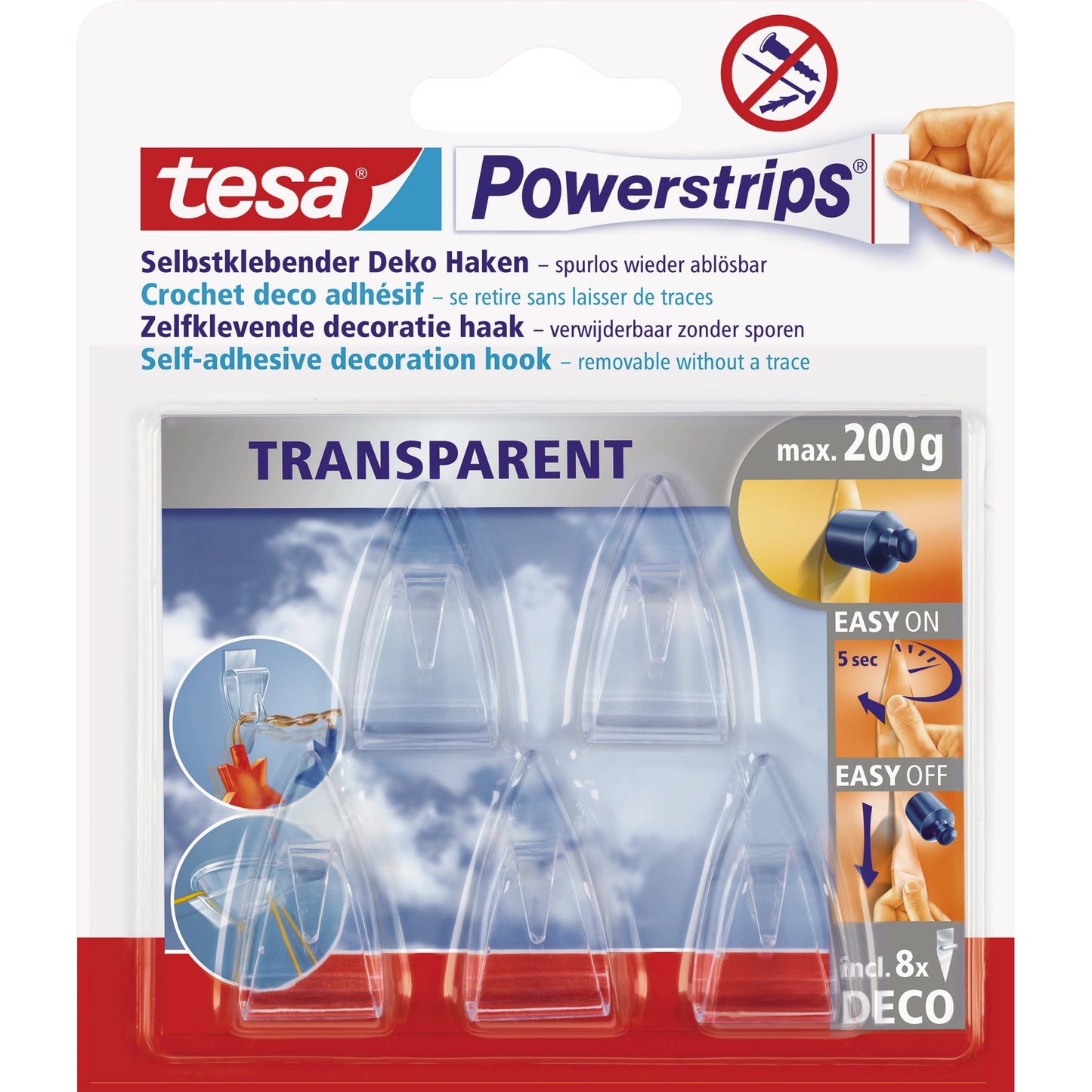 tesa® Haken Powerstrips® transparent Deco 19 x 34 mm (B x L) 0,2kg inkl. 8 Powerstrips® Deco transparent 5 St./Pack.