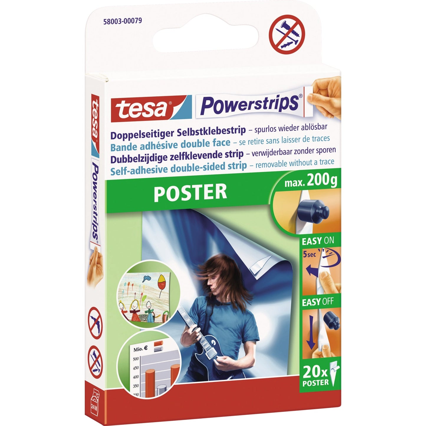 tesa® Klebepad Powerstrips® Poster Poster, Charts, Zeichnungen 14,5 x 42 mm (B x L) weiß 20 St./Pack.