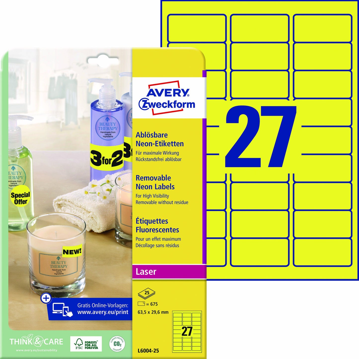 Avery Zweckform Neonetikett 63,5 x 29,6 mm (B x H) wieder ablösbar neongelb 675 Etik./Pack.