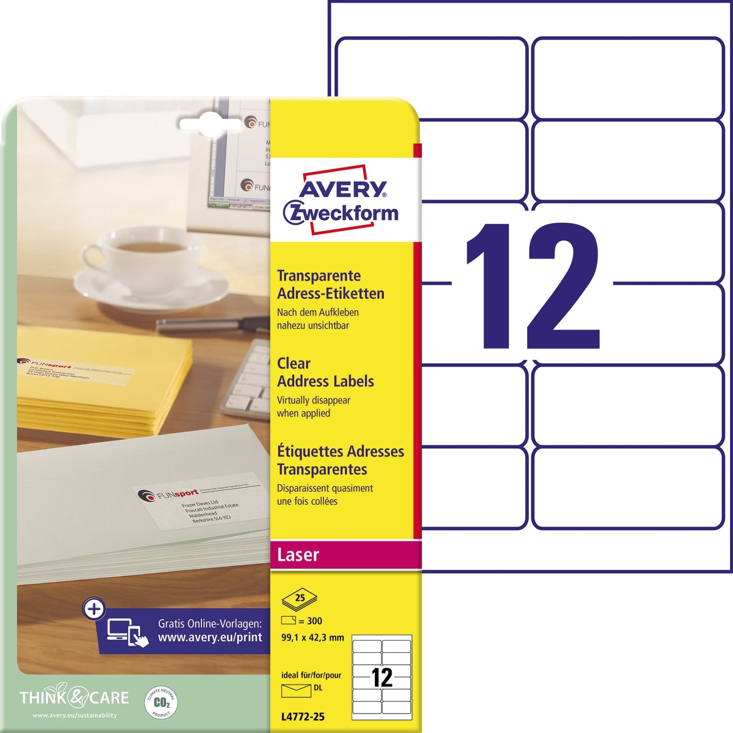 Avery Zweckform Adressetikett QuickPEELT 99,1 x 42,3 mm (B x H) Polyester transparent 300 Etik./Pack.