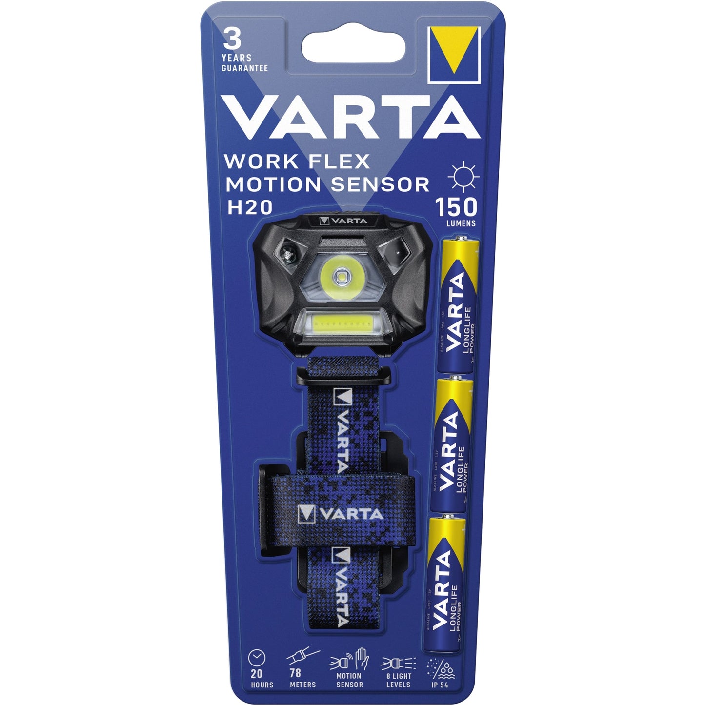 Varta Stirnlampe Work Flex® Motion Sensor H20 High: 150 Im, Low: 45lm High: 78 m, Low: 42m LED High: 4 h, Low: 20 AAA/Micro