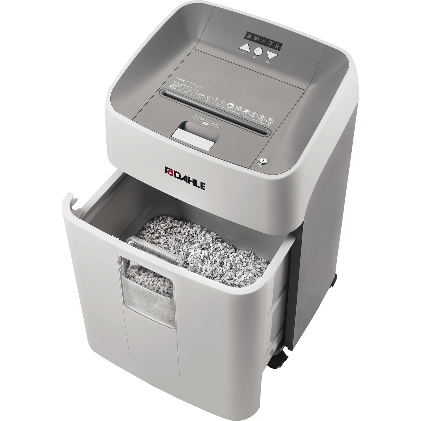DAHLE Aktenvernichter ShredMATIC® 300 P-4 Papier, Heftklammern, Büroklammern, Kreditkarten, CDs/DVDs Partikelschnitt weiß/grau