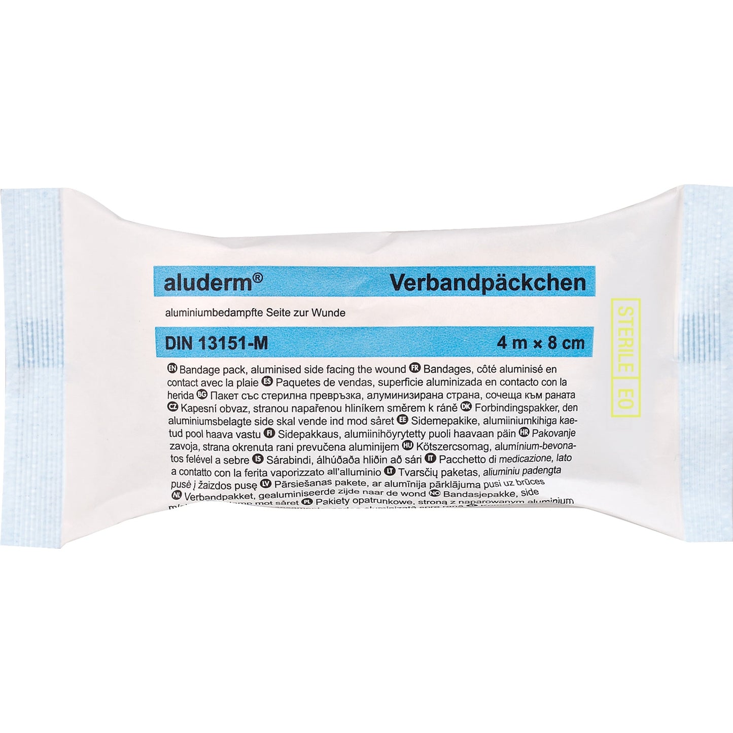 aluderm® Verband 8 cm x 4 m (B x L) Maße Kompresse: 12 x 10 cm (B x L) Polyestervlies, aluminiumbedampft