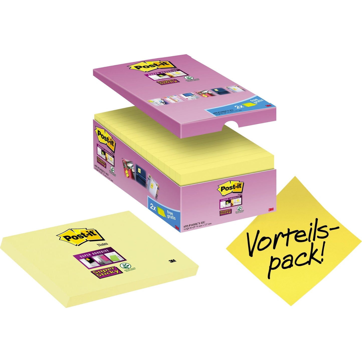 Post-it® Haftnotiz Super Sticky Notes Promotion 127 x 76 mm (B x H) gelb 90 Bl./Block 16 Block/Pack.