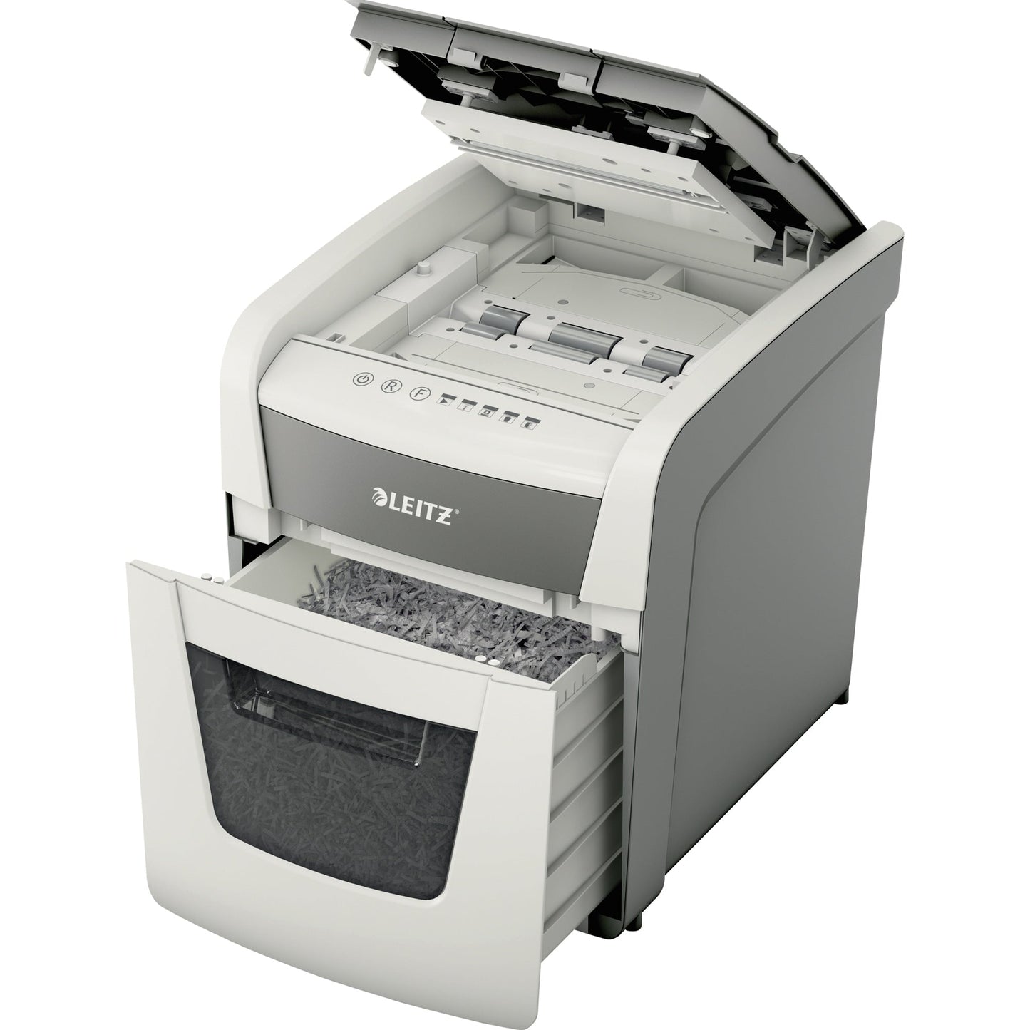 Leitz Aktenvernichter IQ Autofeed Small Office 50 P-4 Papier, Heftklammern, Büroklammern, Kreditkarten Partikelschnitt 7 Bl. manuell, 55 Bl. automatisch weiß