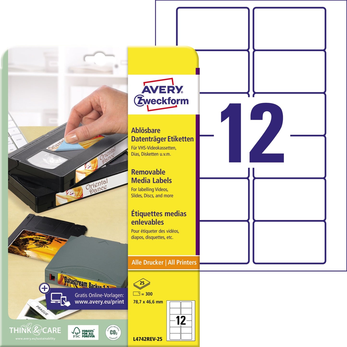 Avery Zweckform Videoetikett 78,7 x 46,6 mm (B x H) Papier weiß 300 Etik./Pack.