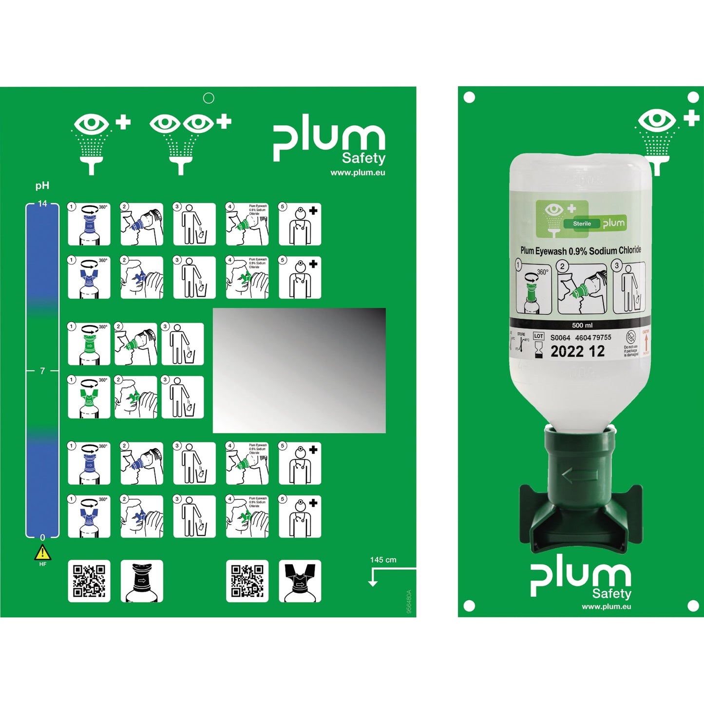 PLUM Augenspülstation 13,5 x 29 cm (B x H) 1 x 500 ml Flasche Plum 0.9% Sodium Chloride Augenspüllösung, Piktogrammtafel mit Spiegel grün