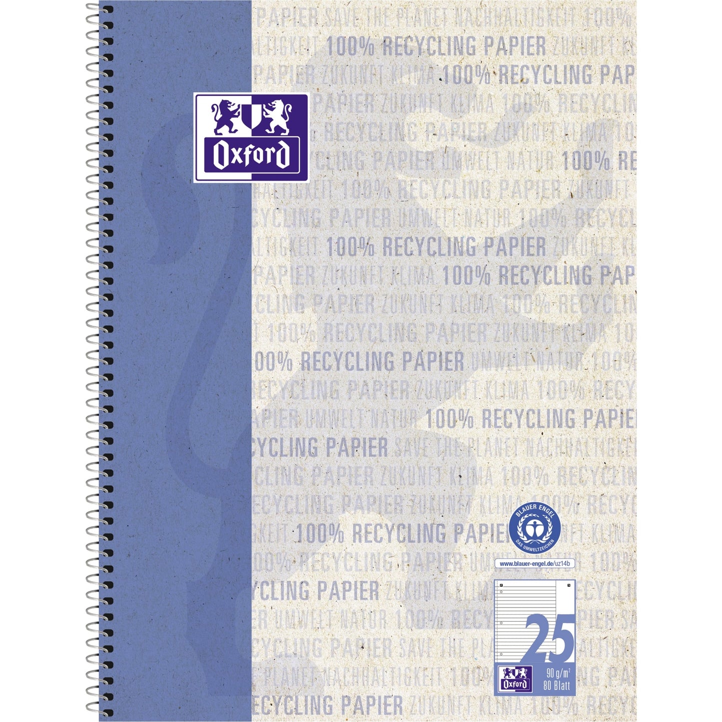 Oxford Collegeblock Recycling DIN A4+ liniert mit Rand blau 80 Bl.