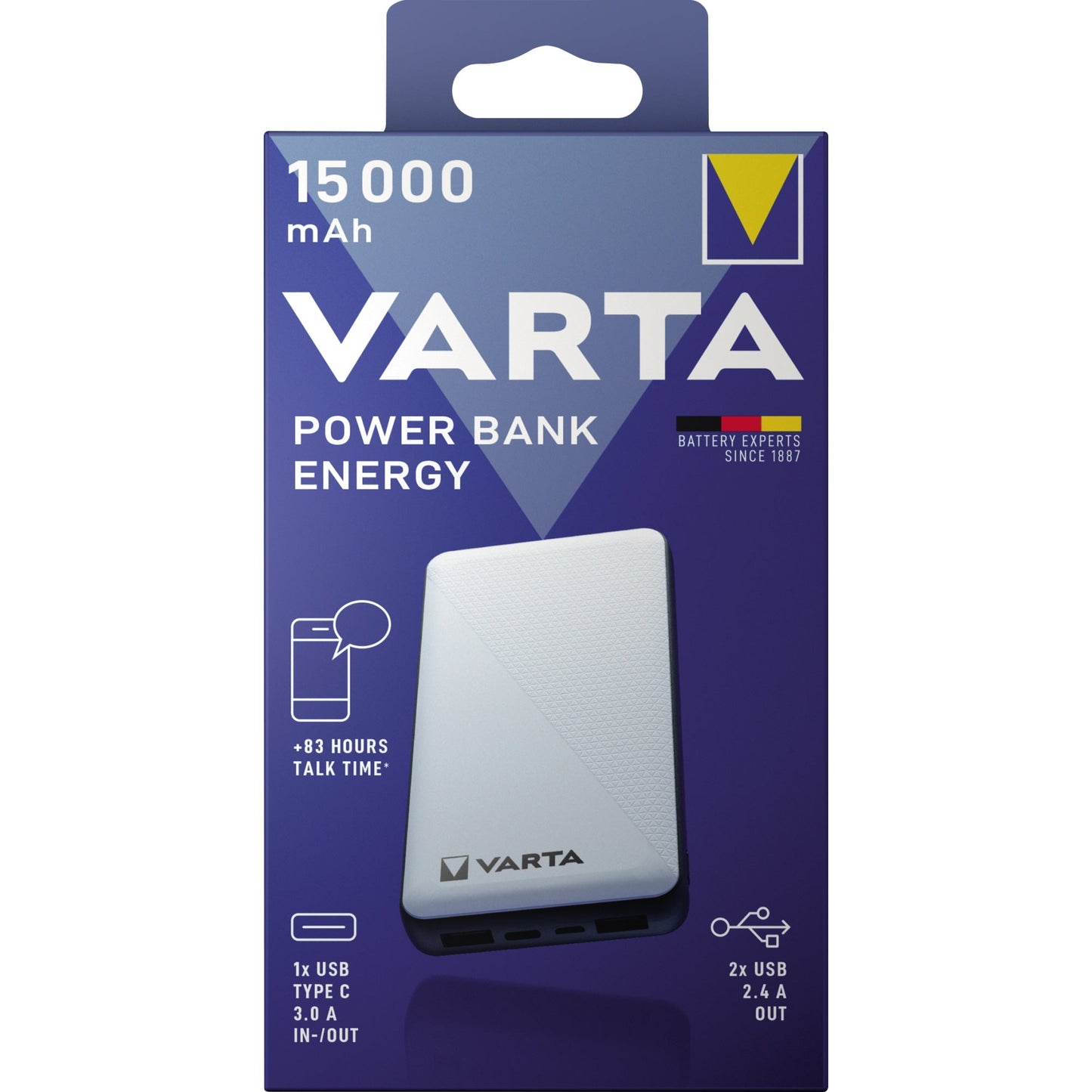 Varta Powerbank Energy 74 x 138 x 21 mm (B x H x T) 2 x USB-A, Micro-USB, USB-C inkl. Micro-USB-Ladekabel weiß
