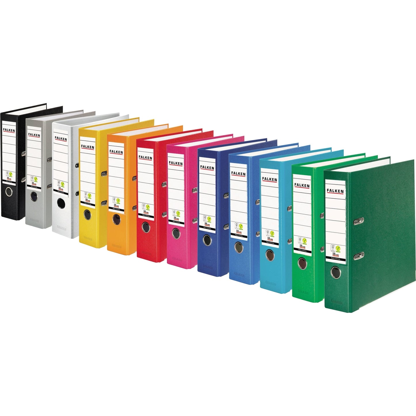 Falken Ordner Color Vegan 80mm DIN A4 Rückenschild: einsteckbar mit Schlitzen Werkstoff: Pappe Material außen: Polypropylen Material innen: Papier schwarz