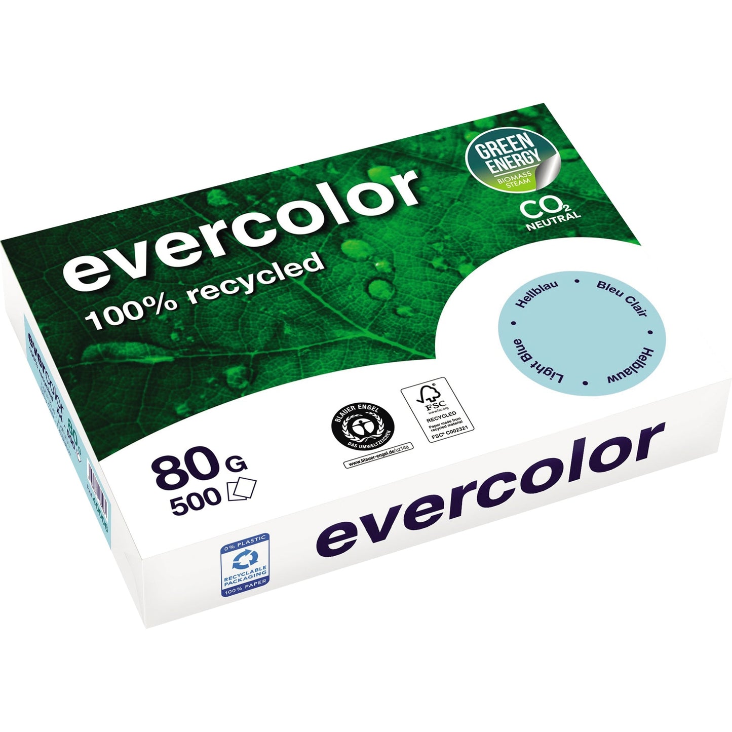 Clairefontaine Kopierpapier evercolor DIN A4 80g/m² 100 % Altpapier hellblau 500 Bl./Pack.