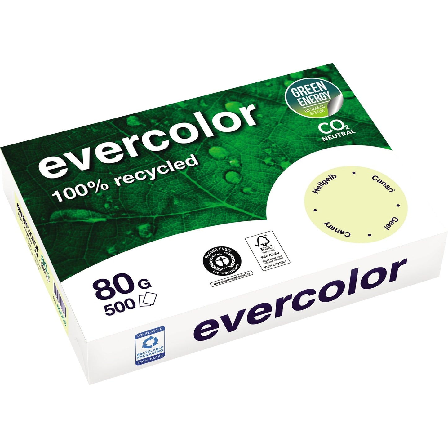 Clairefontaine Kopierpapier evercolor DIN A4 80g/m² 100 % Altpapier hellgelb 500 Bl./Pack.