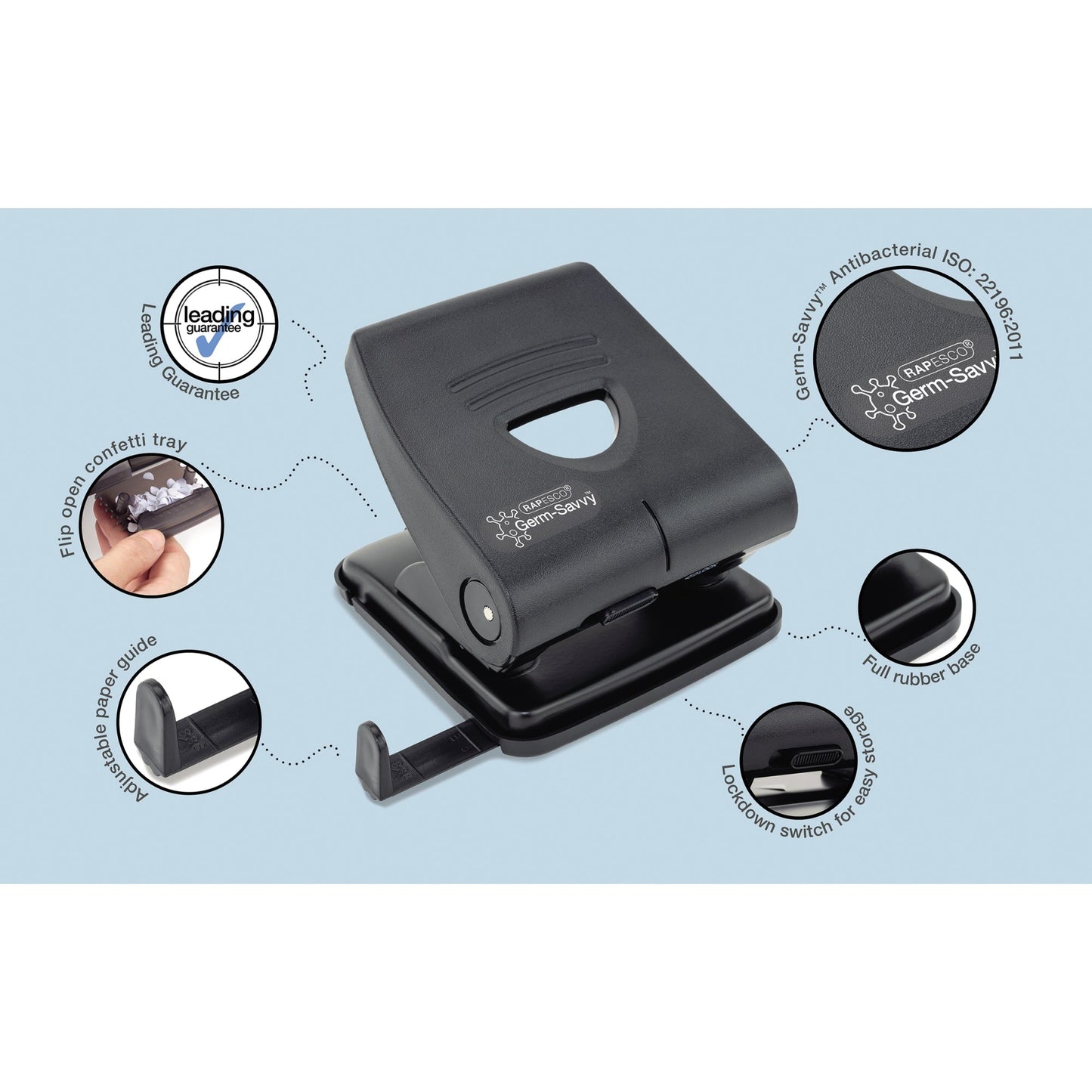 RAPESCO Locher 827-P 8cm 30 Bl. (80 g/m²) mit Anschlagschiene schwarz