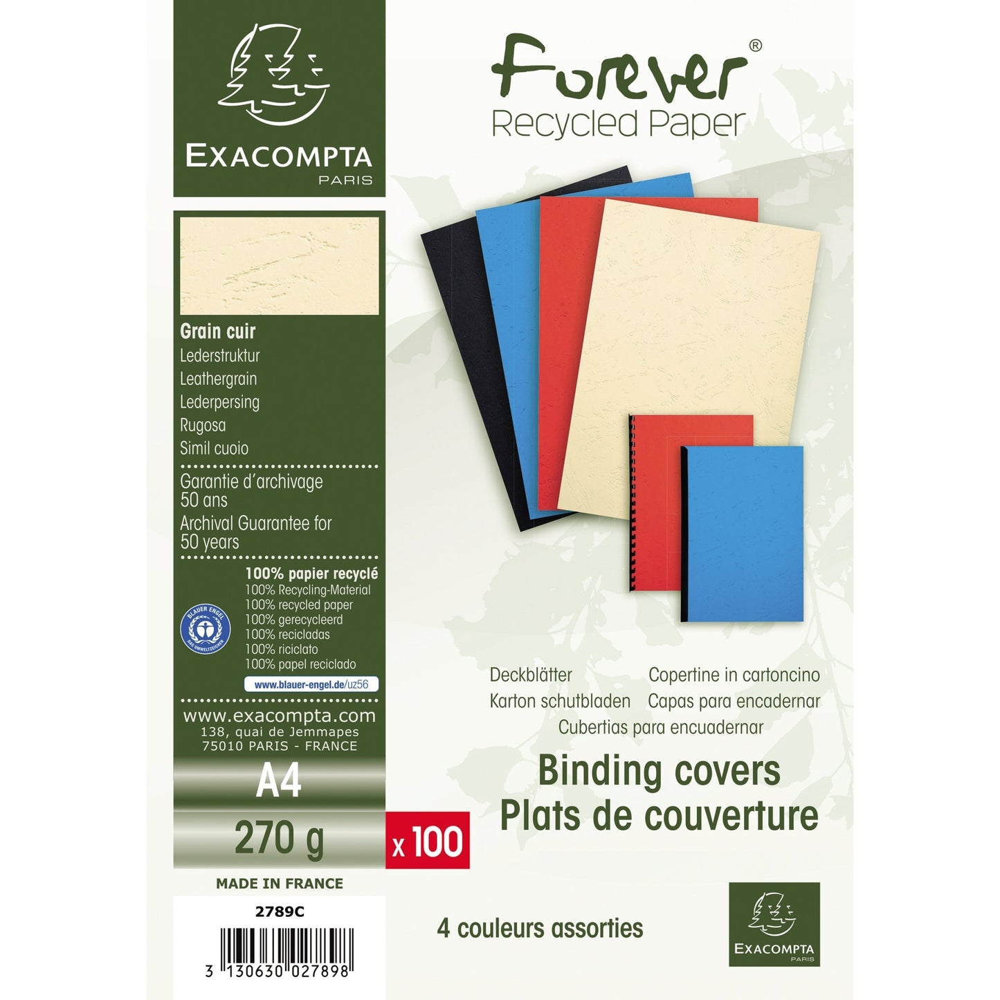 Exacompta Einbanddeckel EVERCOVER DIN A4 270g/m² Karton, 100 % recycelt farbig sortiert 100 St./Pack.