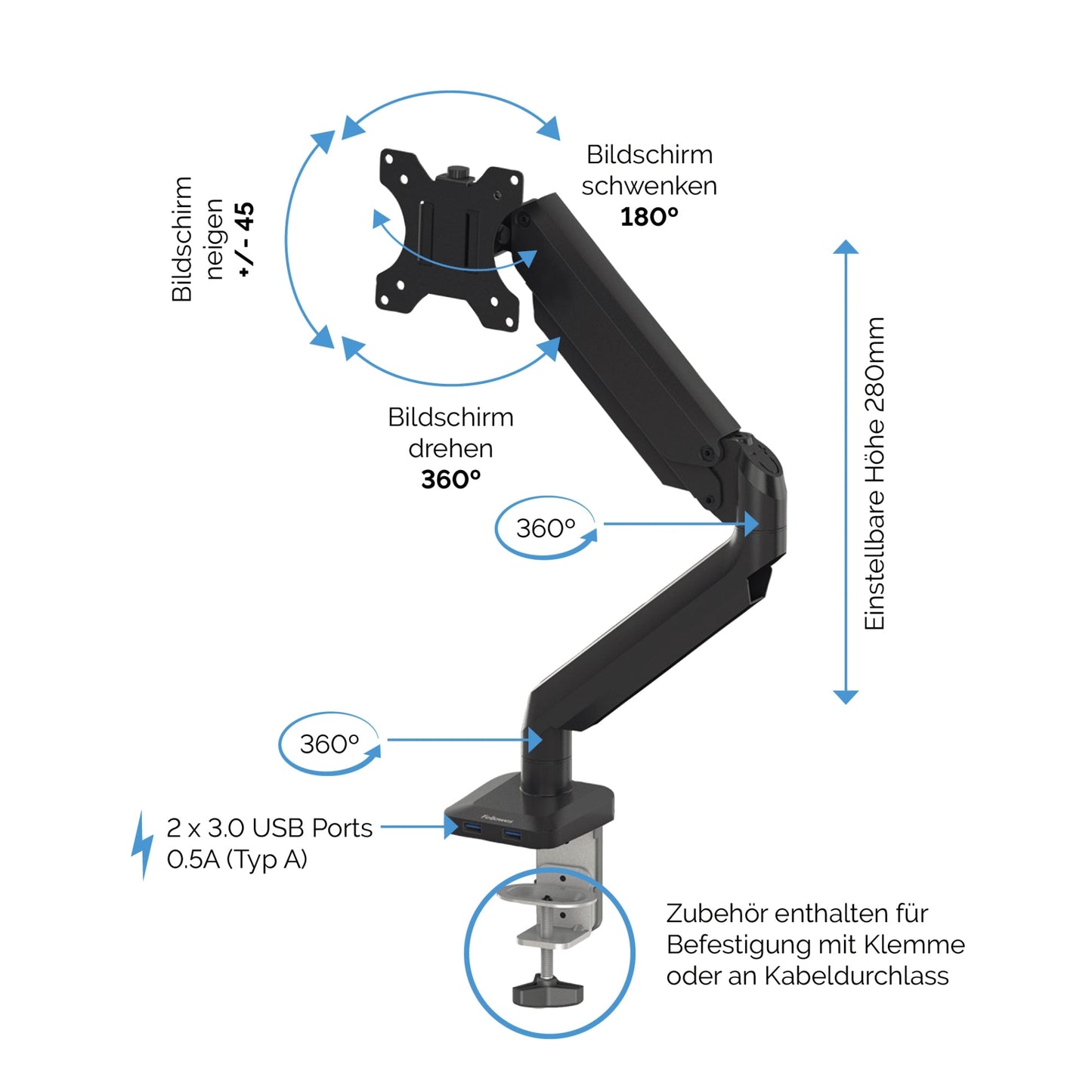 Fellowes® Monitorschwenkarm Platinum Series 11,43 x 43,82 x 47,15 cm (B x H x T) 1,5-8kg Aluminium/ABS Kunststoff weiß