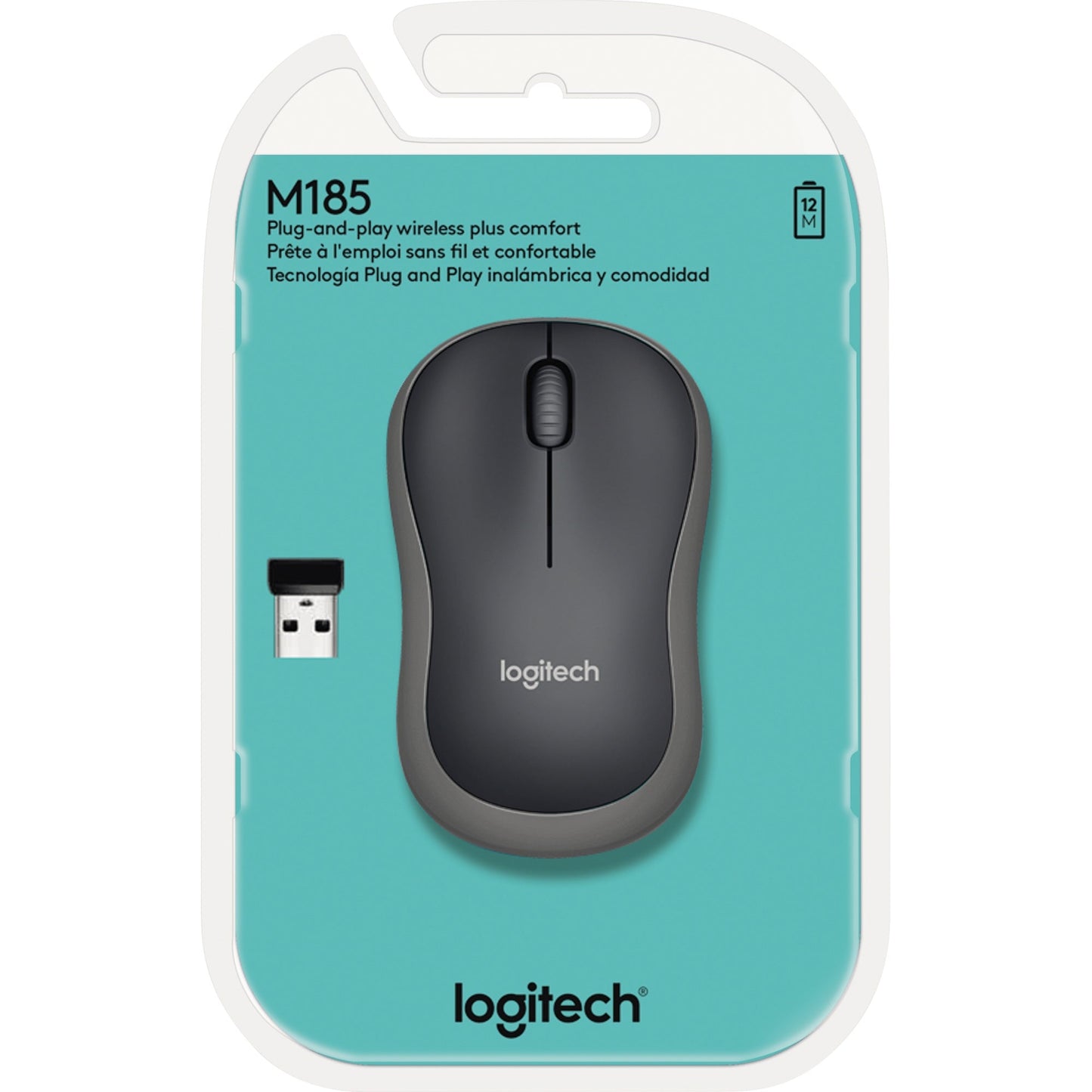 Logitech Optische PC Maus M185 Links- und Rechtshänder nicht ergonomisch USB-A bis 10m Batterie inkl. Nano-USB-Empfänger schwarz/grau