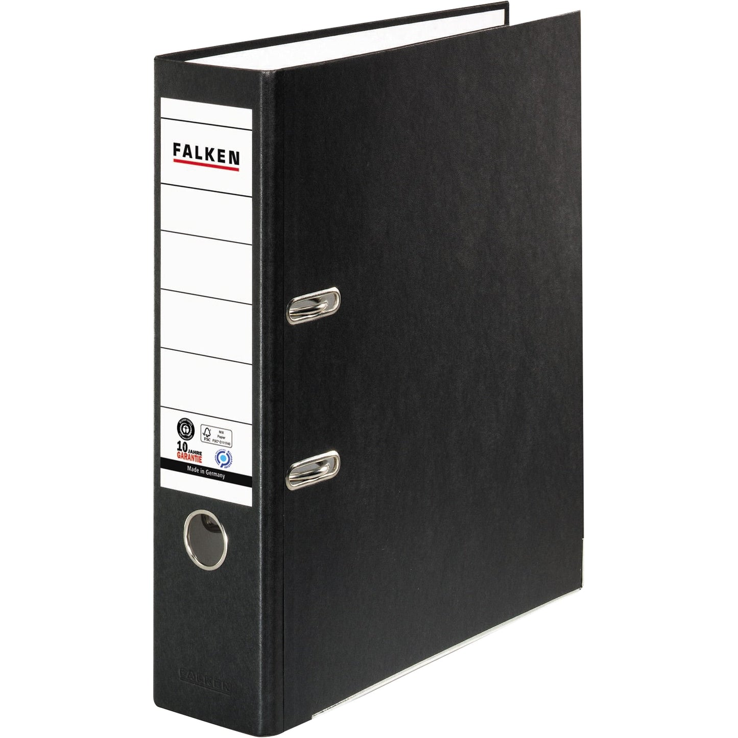 Falken Ordner Recycolor 80mm DIN A4 Rückenschild: geklebt mit Schlitzen Werkstoff: Pappe Material außen: Kraftpapier Material innen: Papier schwarz