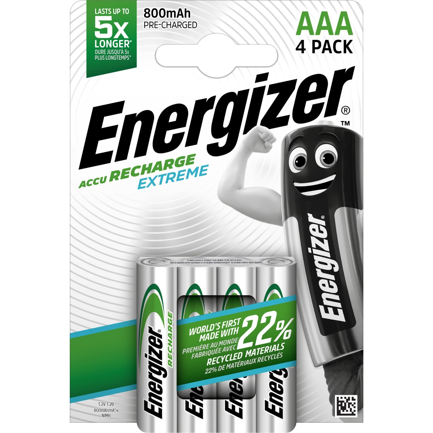 Energizer® Akku Recharge Extreme AAA/Micro HR03 Nickel-Metallhydrid 1,2V 800 mAh 4 St./Pack.