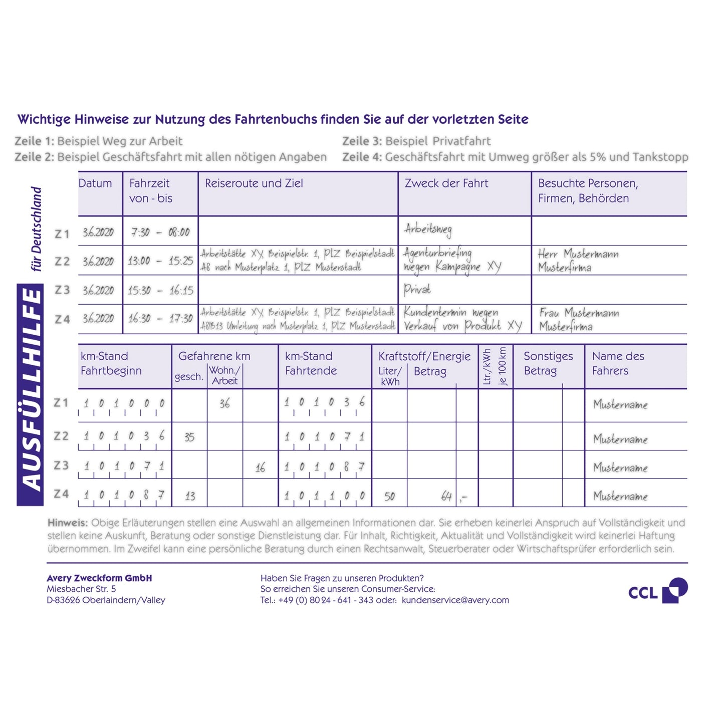 Avery Zweckform Fahrtenbuch 1221 DIN A6 quer PKW blau 32 Bl.