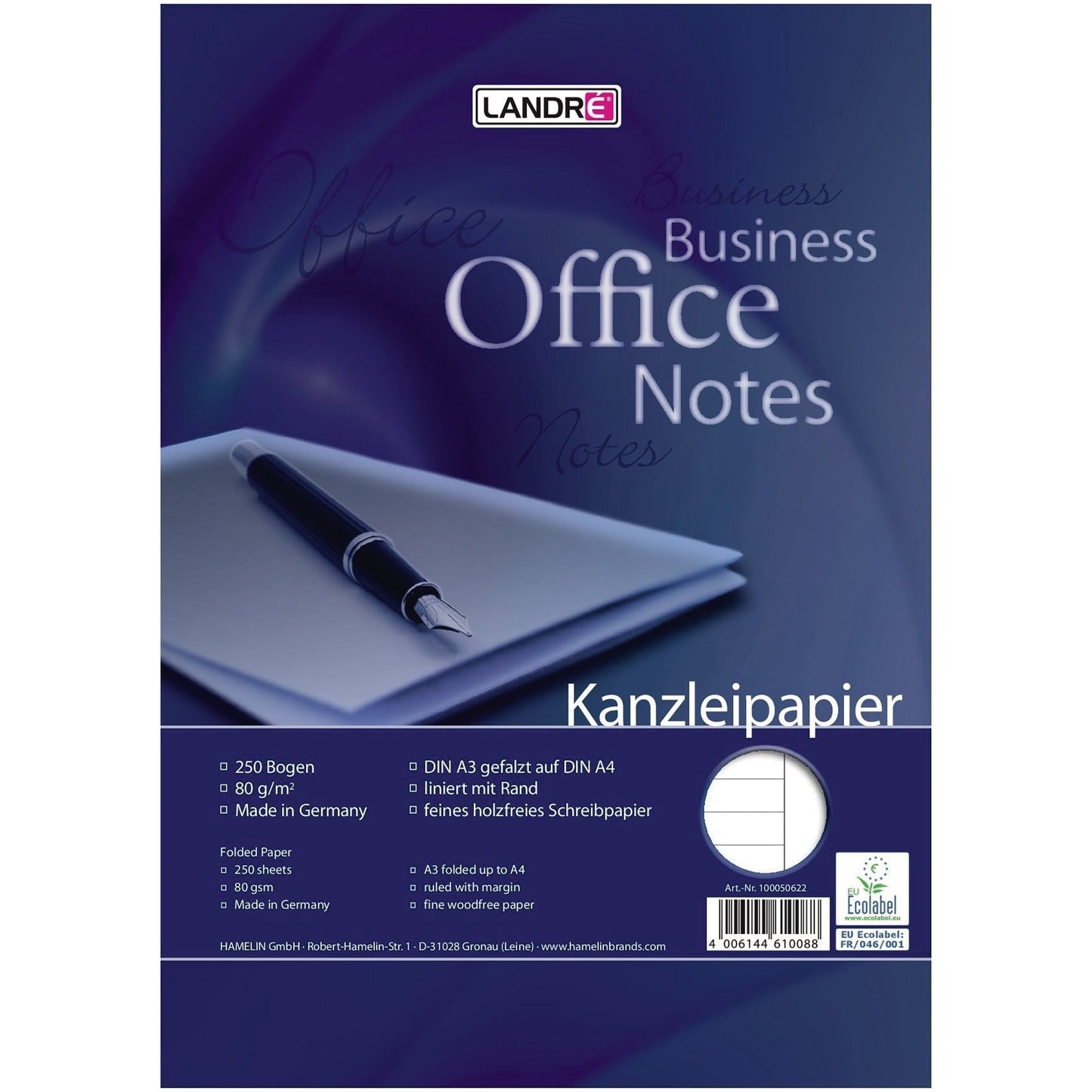 Landré Kanzleipapier Business Office Notes DIN A4 liniert mit Rand weiß 250 Bl./Pack.