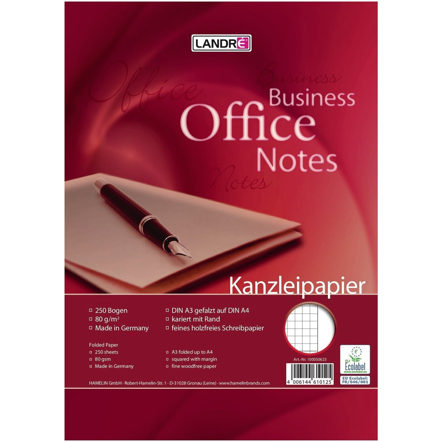 Landré Kanzleipapier Business Office Notes DIN A4 kariert mit Rand weiß 250 Bl./Pack.