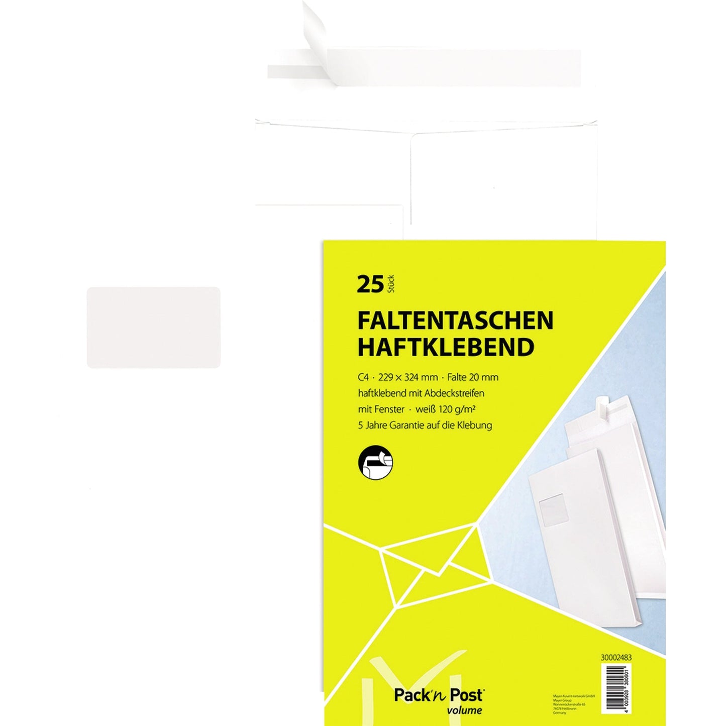 MAILmedia Faltentasche DIN C4 mit Fenster 120g/m² mit Haftklebung Offsetpapier weiß 25 St./Pack.