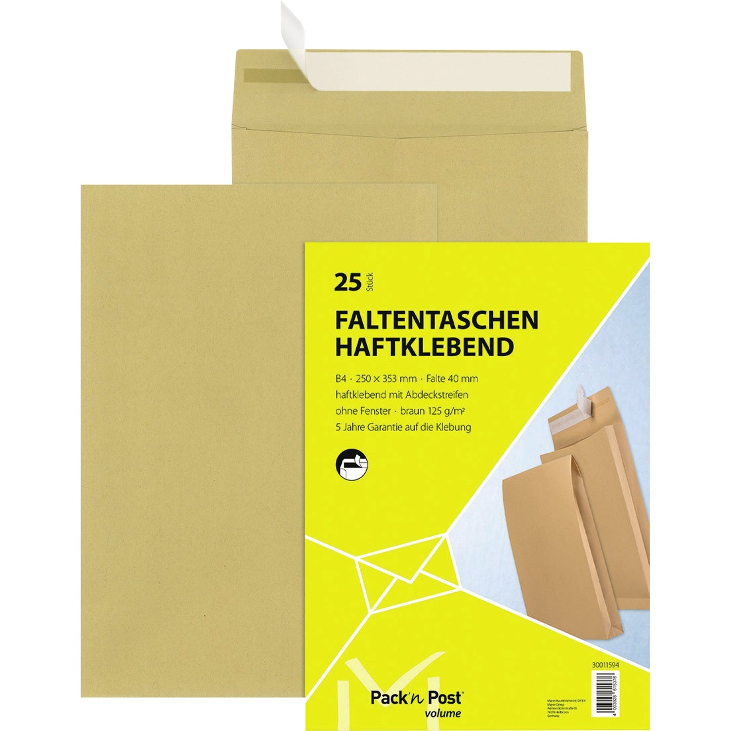 MAILmedia Faltentasche DIN B4 ohne Fenster 125g/m² mit Haftklebung Natronpapier braun 25 St./Pack.