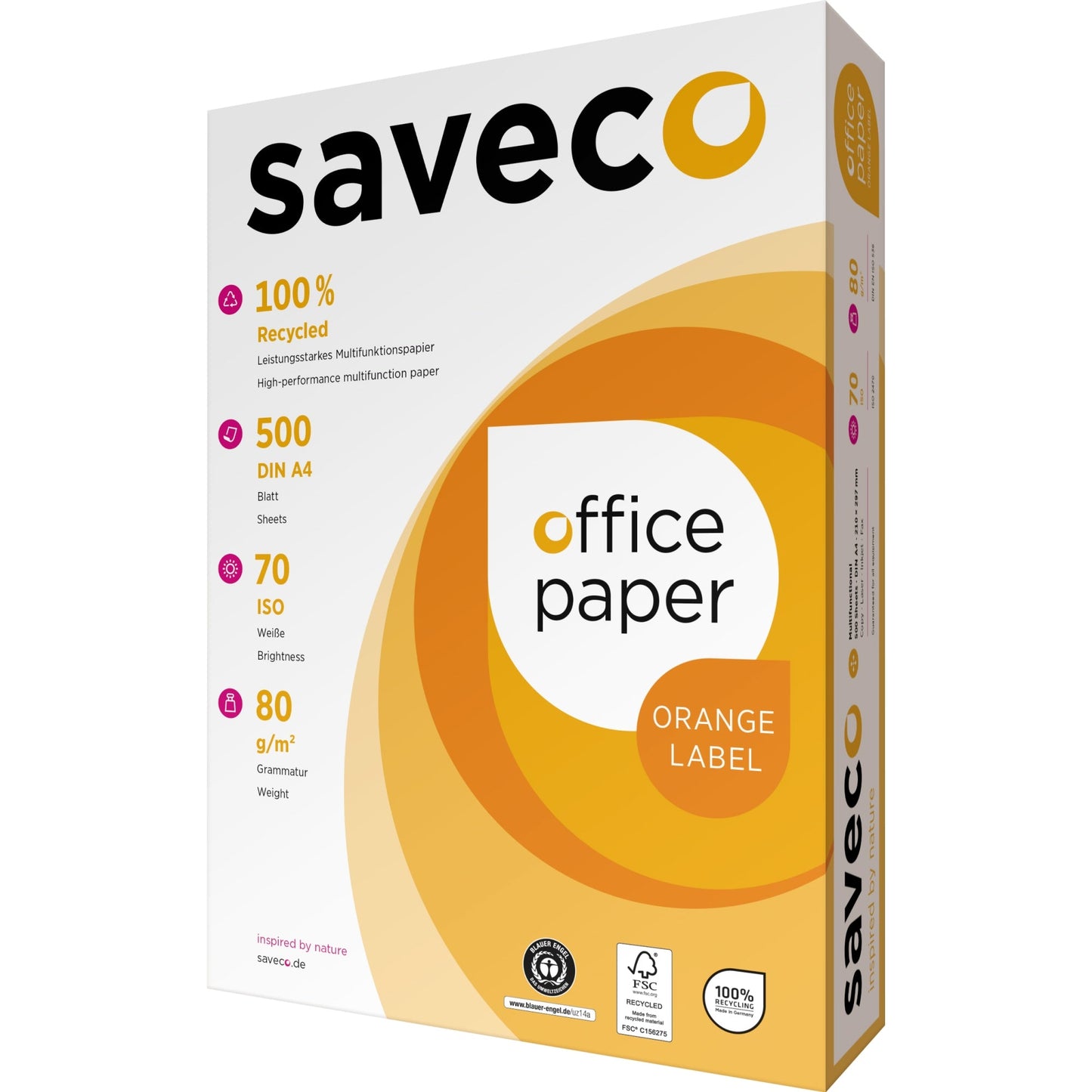Saveco Kopierpapier Orange Label DIN A4 80g/m² 100 % recycelt, chlorfrei gebleicht weiß 500 Bl./Pack.