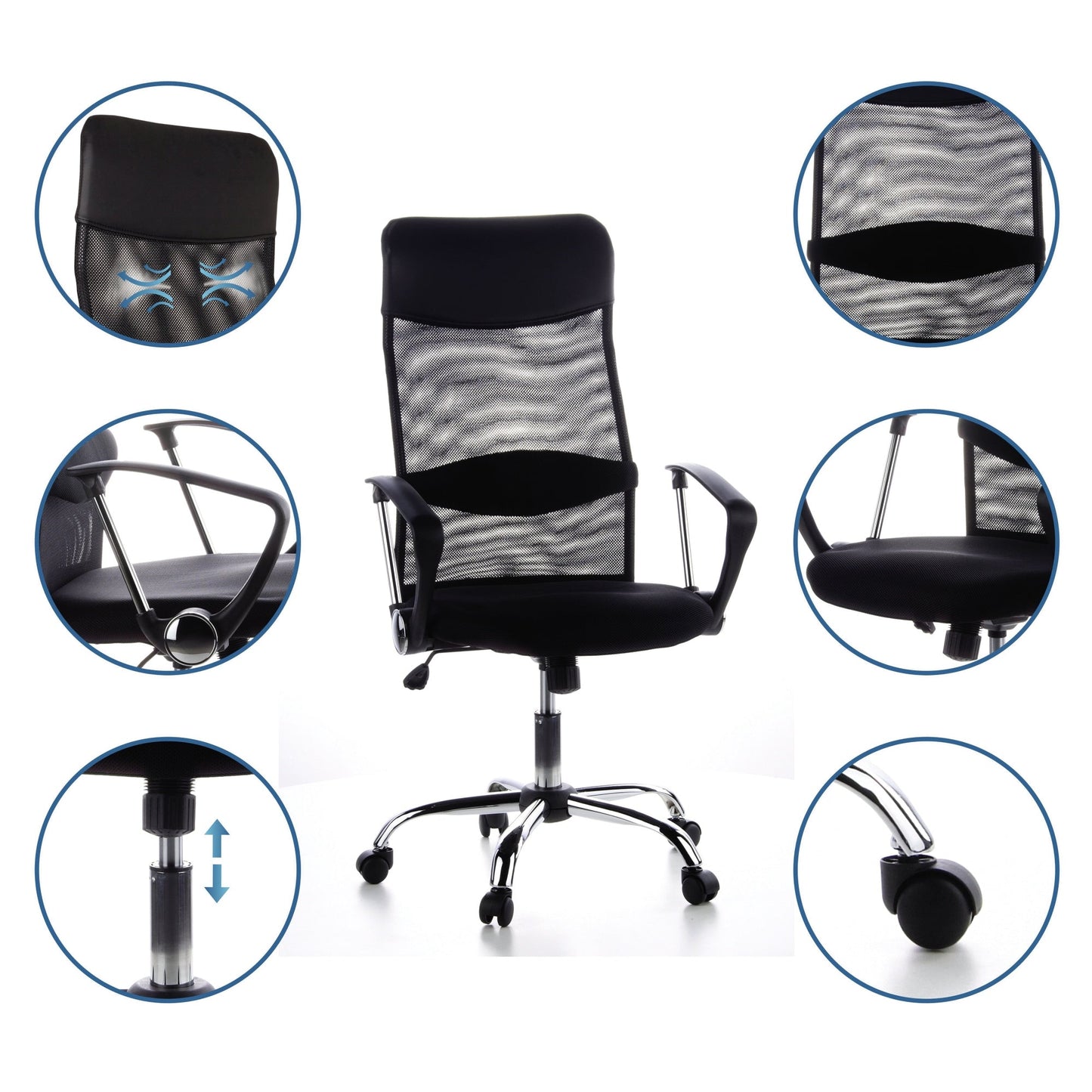 HJH OFFICE Bürodrehstuhl ARIA HIGH 48-56cm Wippmechanik Rolle hart gebremst (für Teppichboden) Chrom schwarz