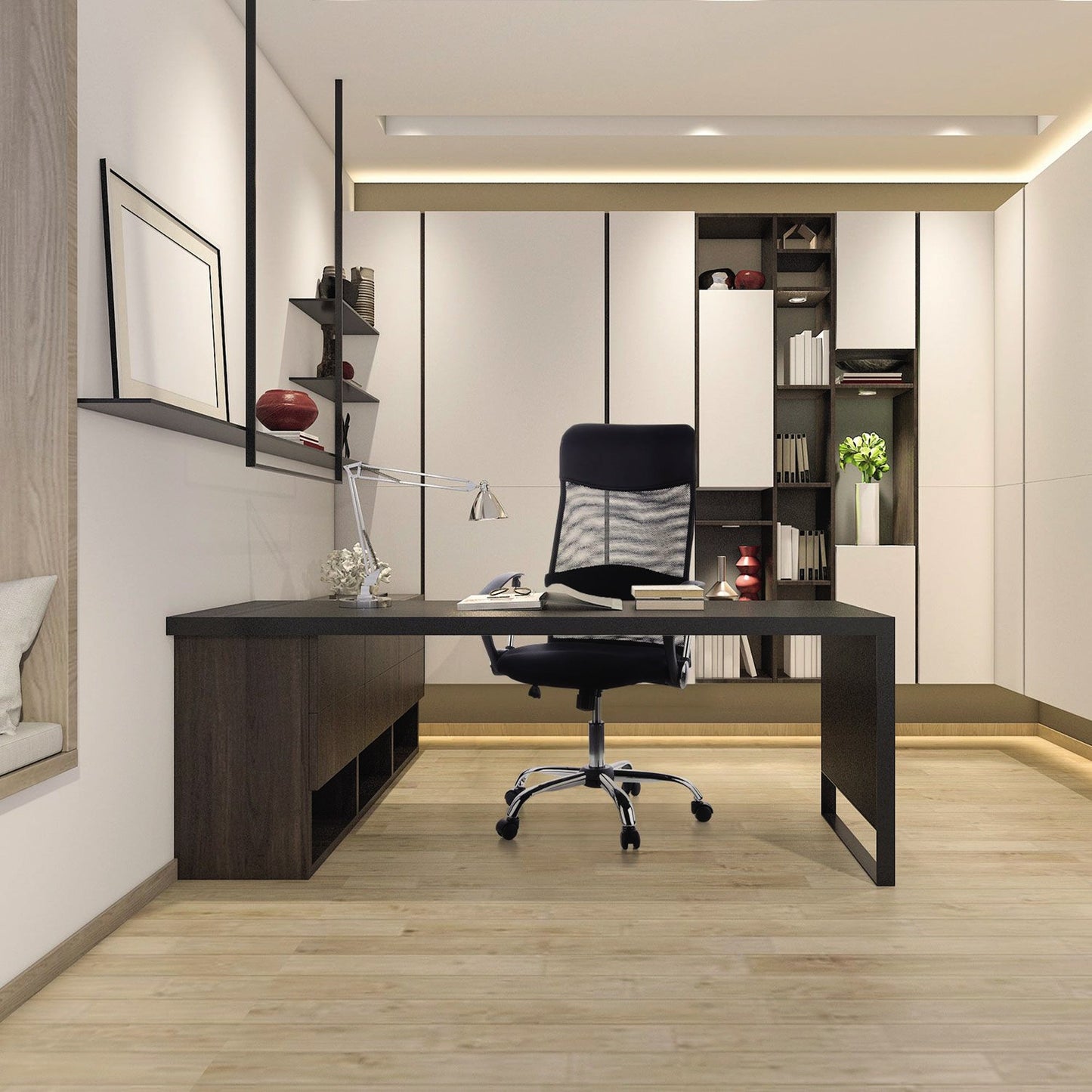 HJH OFFICE Bürodrehstuhl ARIA HIGH 48-56cm Wippmechanik Rolle hart gebremst (für Teppichboden) Chrom schwarz