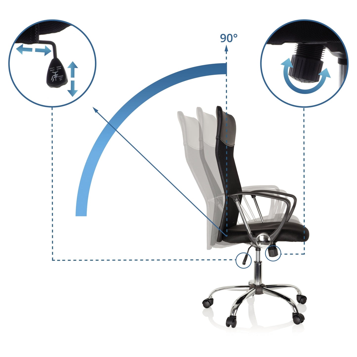 HJH OFFICE Bürodrehstuhl ARIA HIGH 48-56cm Wippmechanik Rolle hart gebremst (für Teppichboden) Chrom schwarz