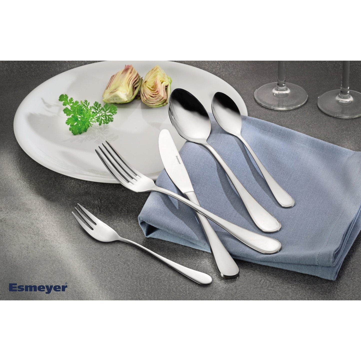 Esmeyer® Besteckgarnitur CELINE Mehrweg 36 x Menümessern, Menülöffeln, Menügabel, Kaffeelöffeln, Kuchengabeln, 1 x Besteckbehälter Edelstahl 18/10, poliert silber