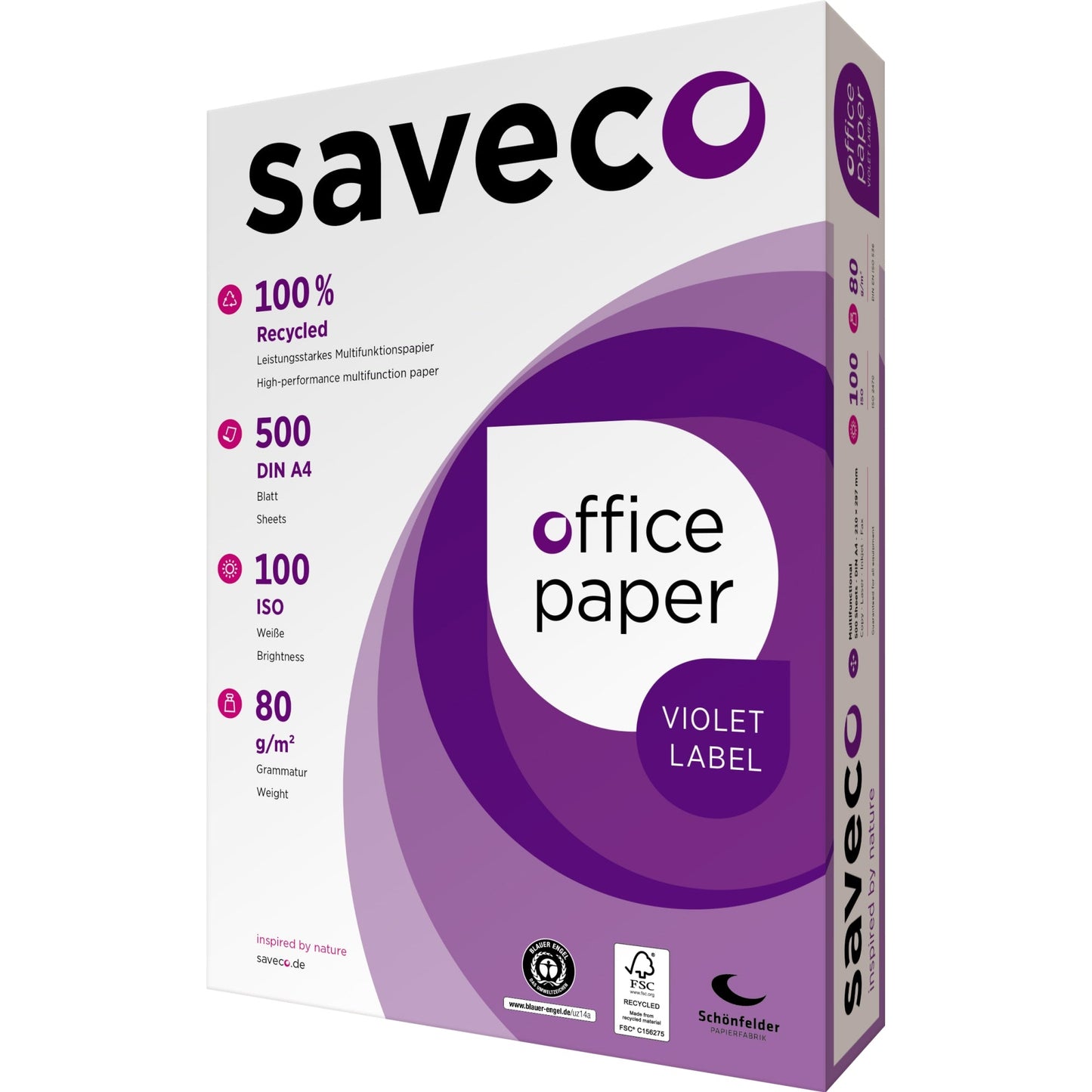 Saveco Kopierpapier Violet Label DIN A4 80g/m² 100 % recycelt, chlorfrei gebleicht weiß 500 Bl./Pack.