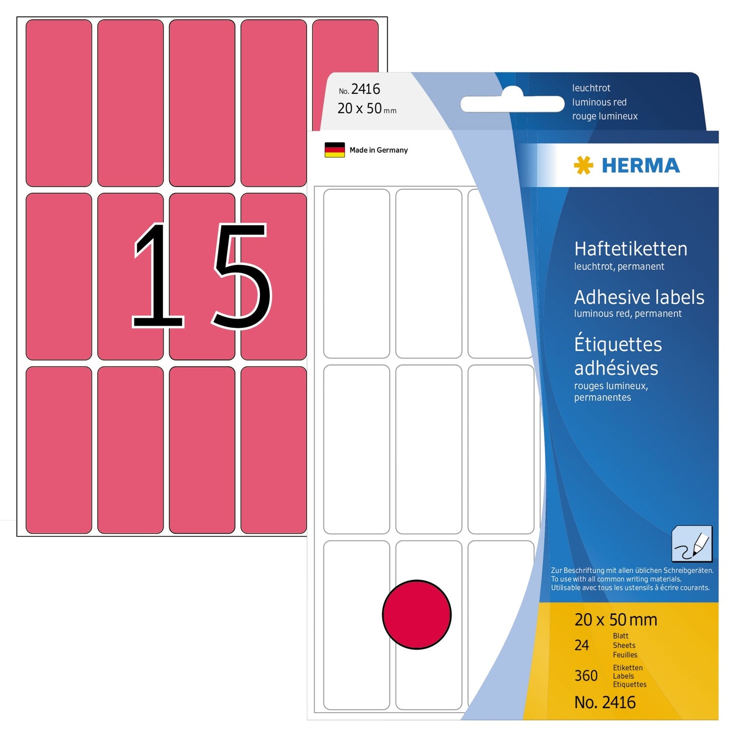 HERMA Universaletikett 20 x 50 mm (B x H) nicht wieder ablösbar Papier leuchtrot 360 Etik./Pack.