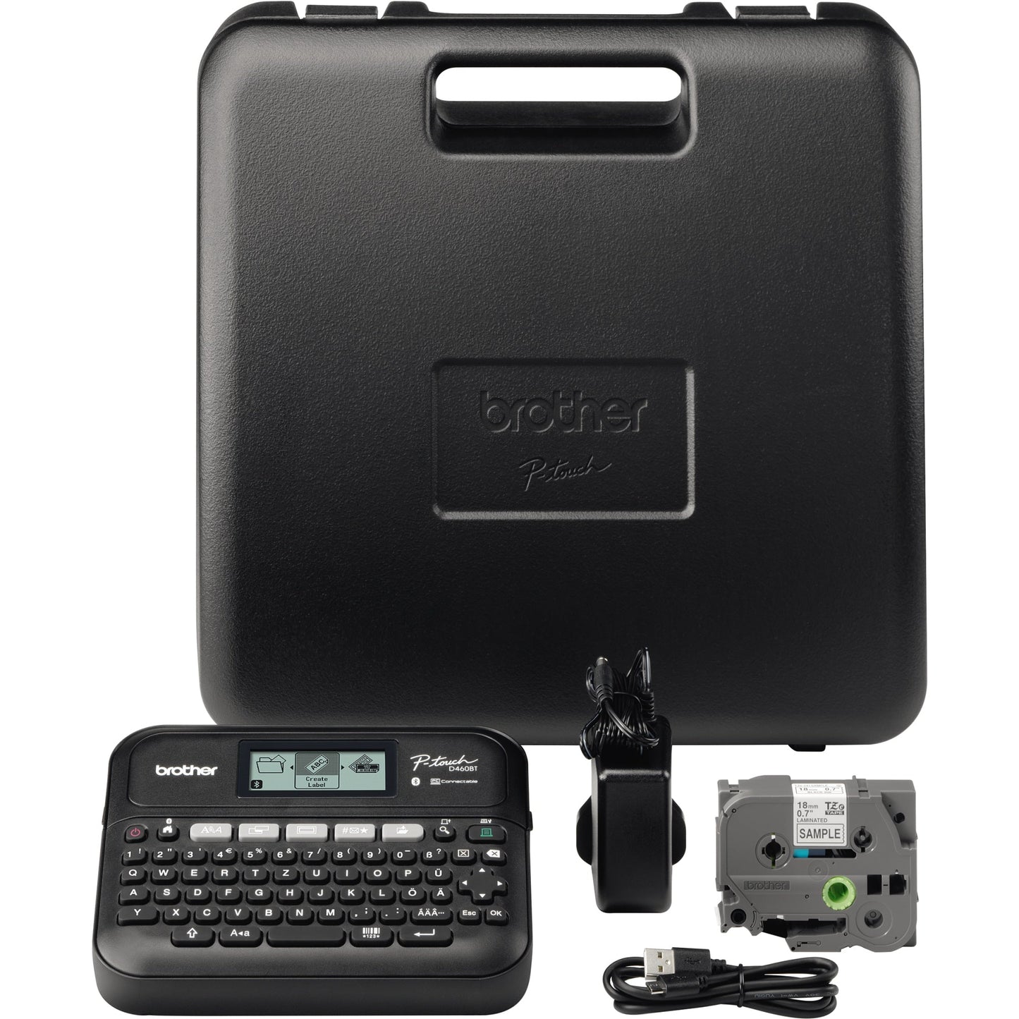 Brother Beschriftungsgerät PT-D460BTVP 2 Display-Zeilen 7 Schriftgrößen 5 Druckzeilen inkl. 1 Schriftband (18 mm x 4 m, schwarz auf weiß), Netzadapter, USB-Kabel