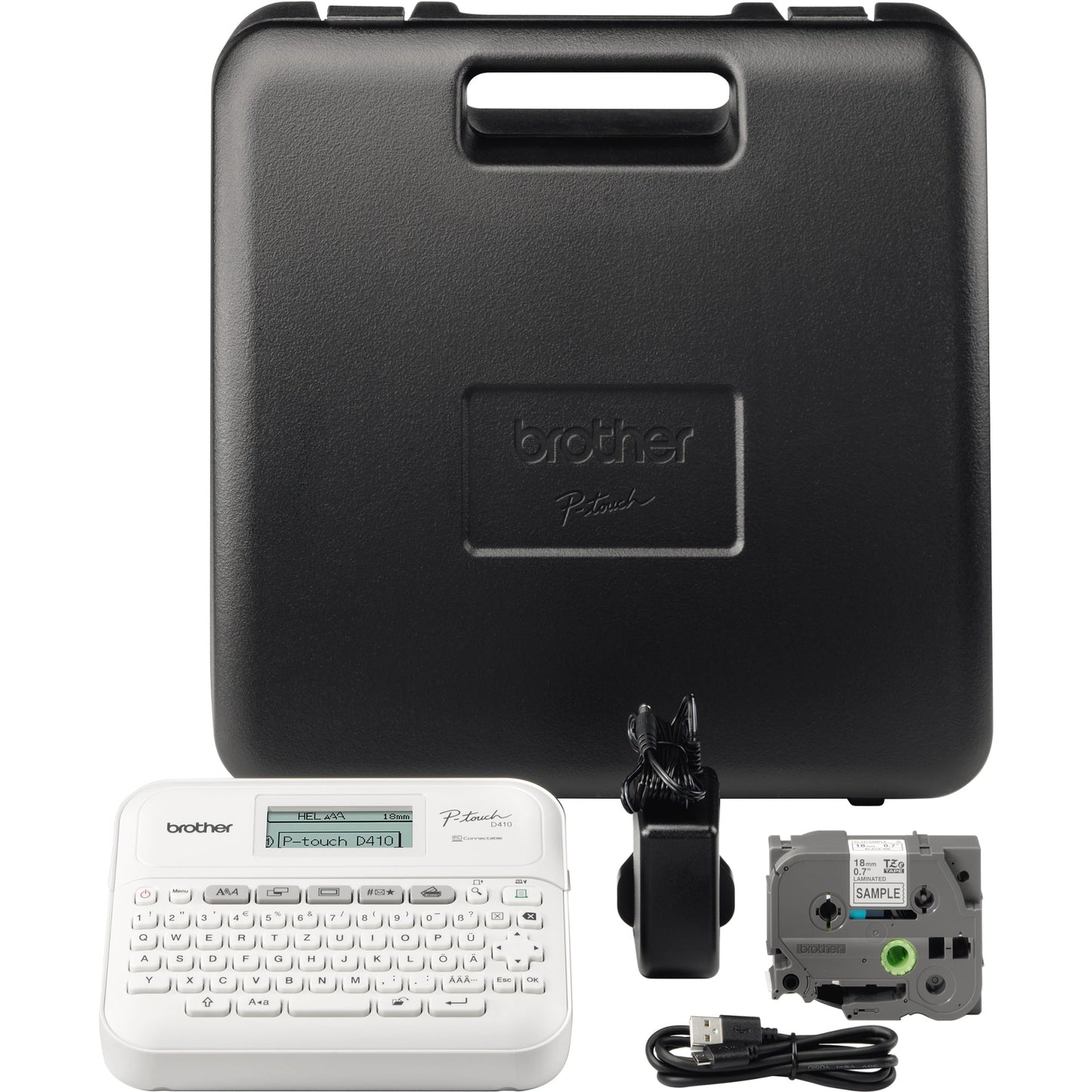 Brother Beschriftungsgerät PT-D410VP 2 Display-Zeilen 7 Schriftgrößen 5 Druckzeilen inkl. Schriftband (18 mm x 4 m, schwarz auf weiß), Netzadapter, USB-Kabel
