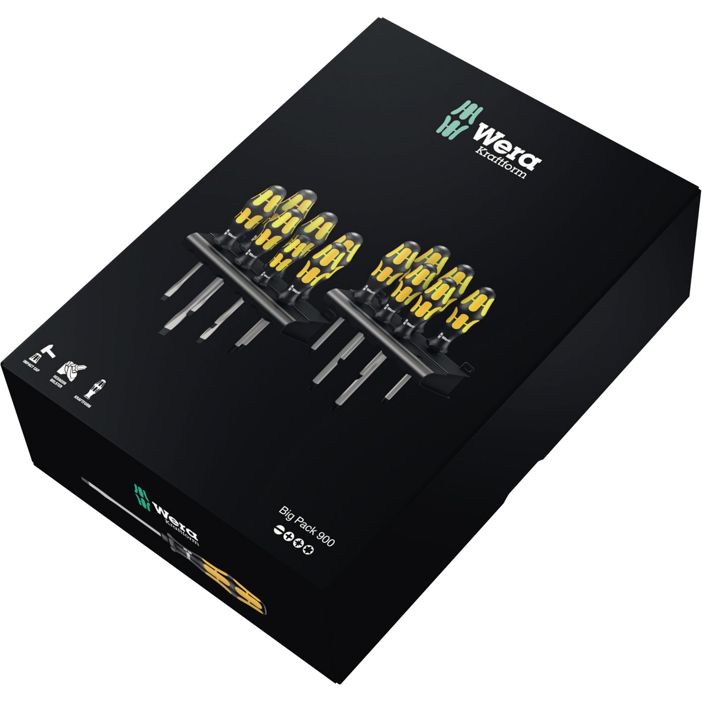 Wera Schraubendreher-Satz Big Pack 900 3 Kreuz-Schraubendreher (PH 1 x 80, 2 x 100, 3 x 150 mm) 5 Schlitz-Schraubendreher (0,6 x 3,5 x 80, 0,8 x 4,5 x 90, 1 x 5,5 x 100, 1,2 x 7,0 x 125, 1,6 x 9 x 150 mm) 2 Torx-Schraubendreher (TX 20 x 90, 25 x 100 mm)