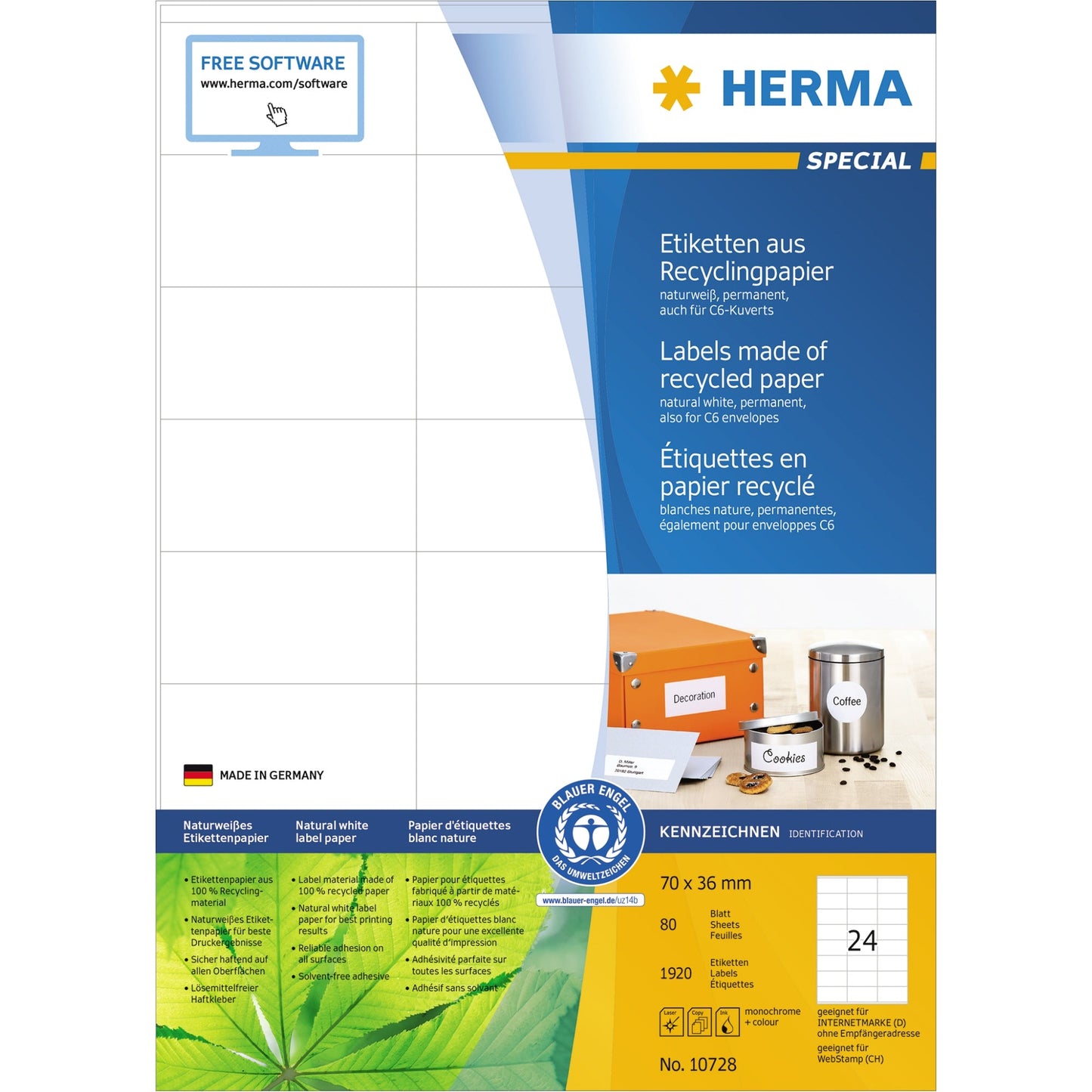 HERMA Universaletikett Recycling 70 x 36 mm (B x H) nicht wieder ablösbar Papier, 100 % recycelt naturweiß 1.920 Etik./Pack.