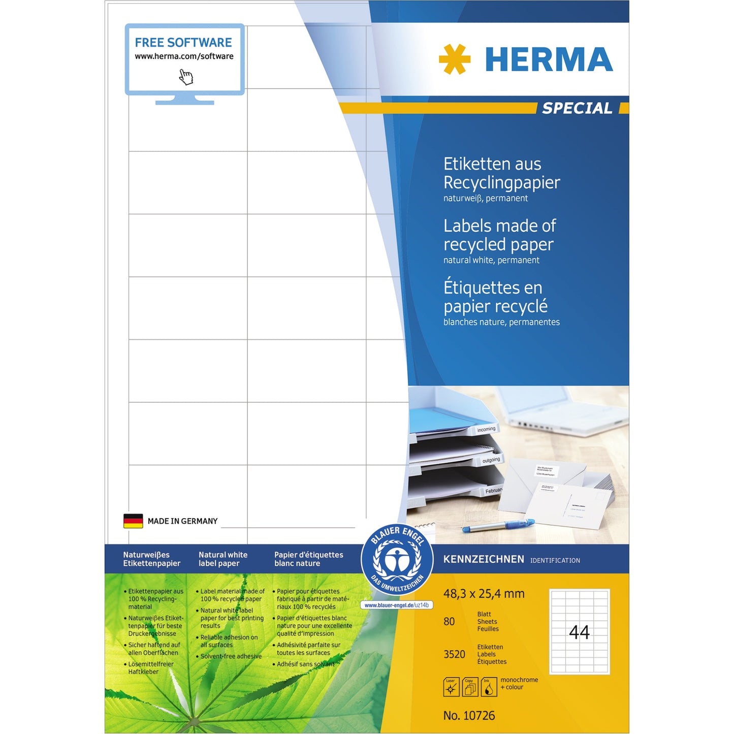 HERMA Universaletikett Recycling 48,3 x 25,4 mm (B x H) nicht wieder ablösbar Papier, 100 % recycelt naturweiß 3.520 Etik./Pack.