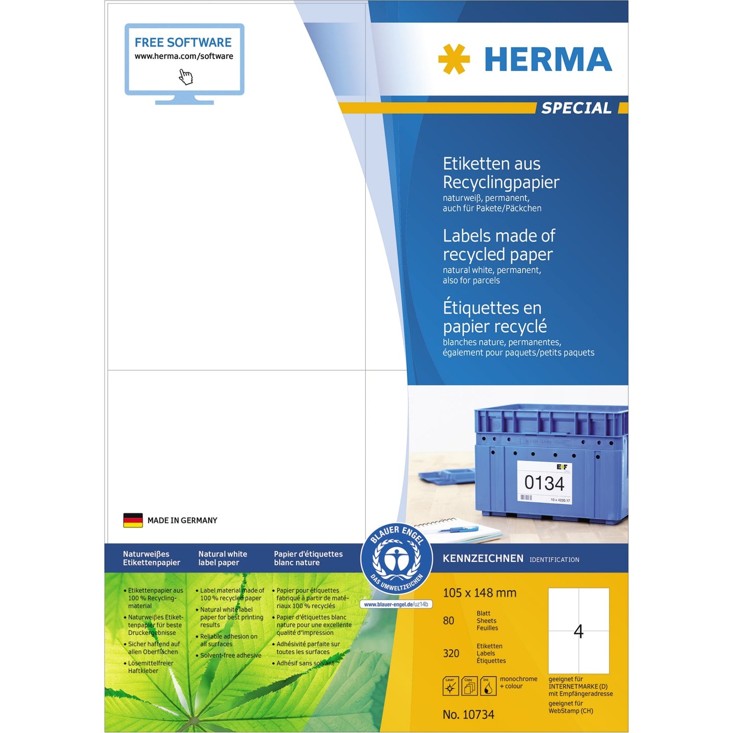 HERMA Universaletikett Recycling 105 x 148 mm (B x H) nicht wieder ablösbar Papier, 100 % recycelt naturweiß 320 Etik./Pack.