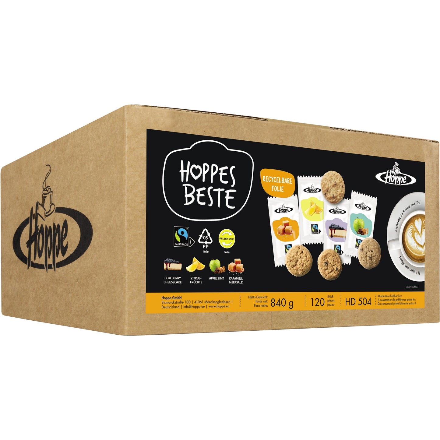 Hoppe Gebäckmischung Hoppes Beste Fair Trade Blueberry Cheesecake, Karamell-Meersalz, Apfel-Zimt, Zitrusfrüchte Karton 120 x 7 g/Pack.