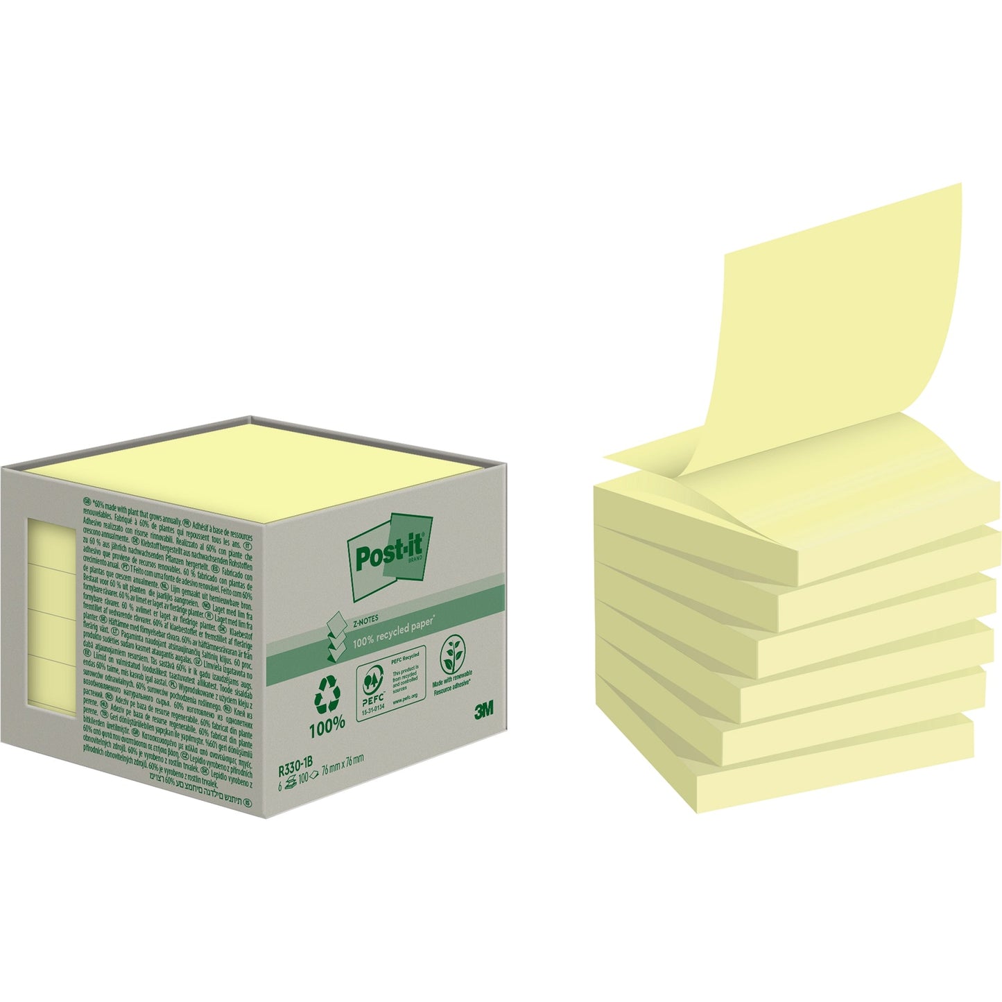 Post-it® Haftnotiz Recycling Z-Notes 76 x 76 mm (B x H) gelb 100 Bl./Block 6 Block/Pack.