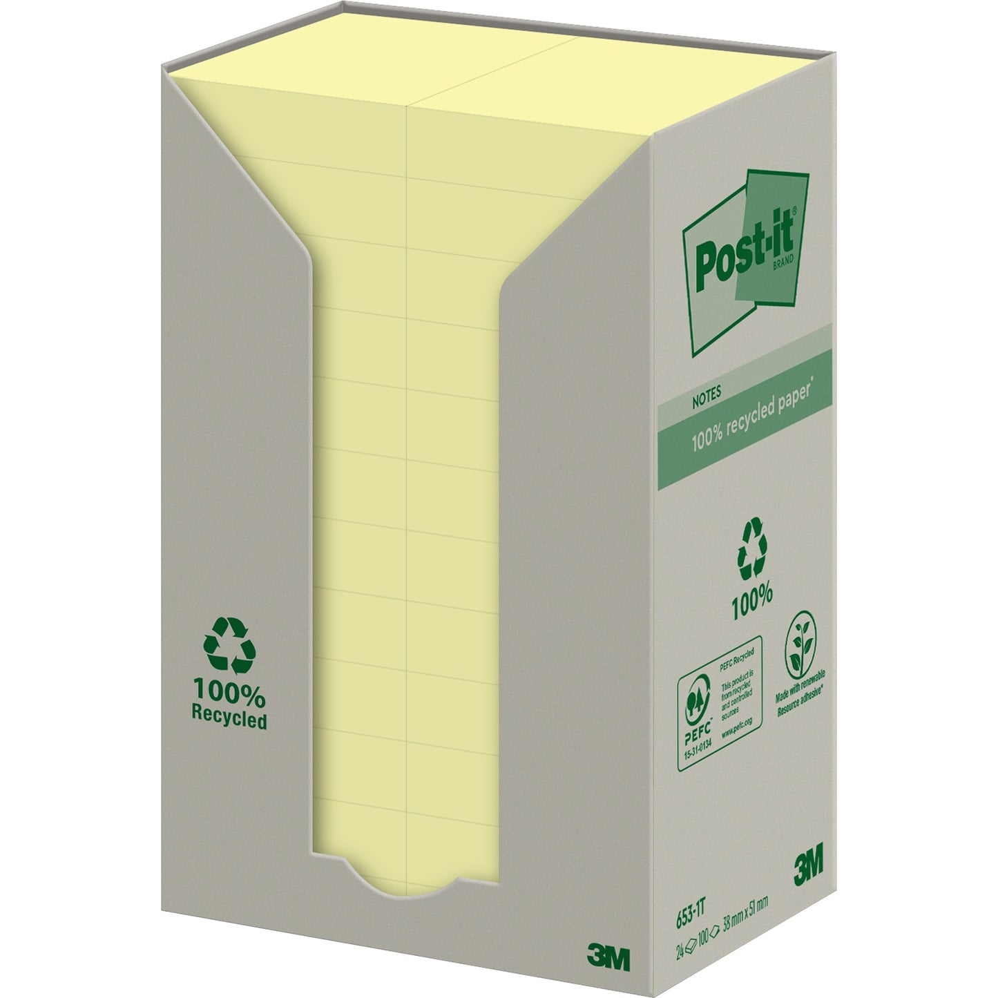 Post-it® Haftnotiz Recycling Notes Tower 38 x 51 mm (B x H) gelb 100 Bl./Block 24 Block/Pack.