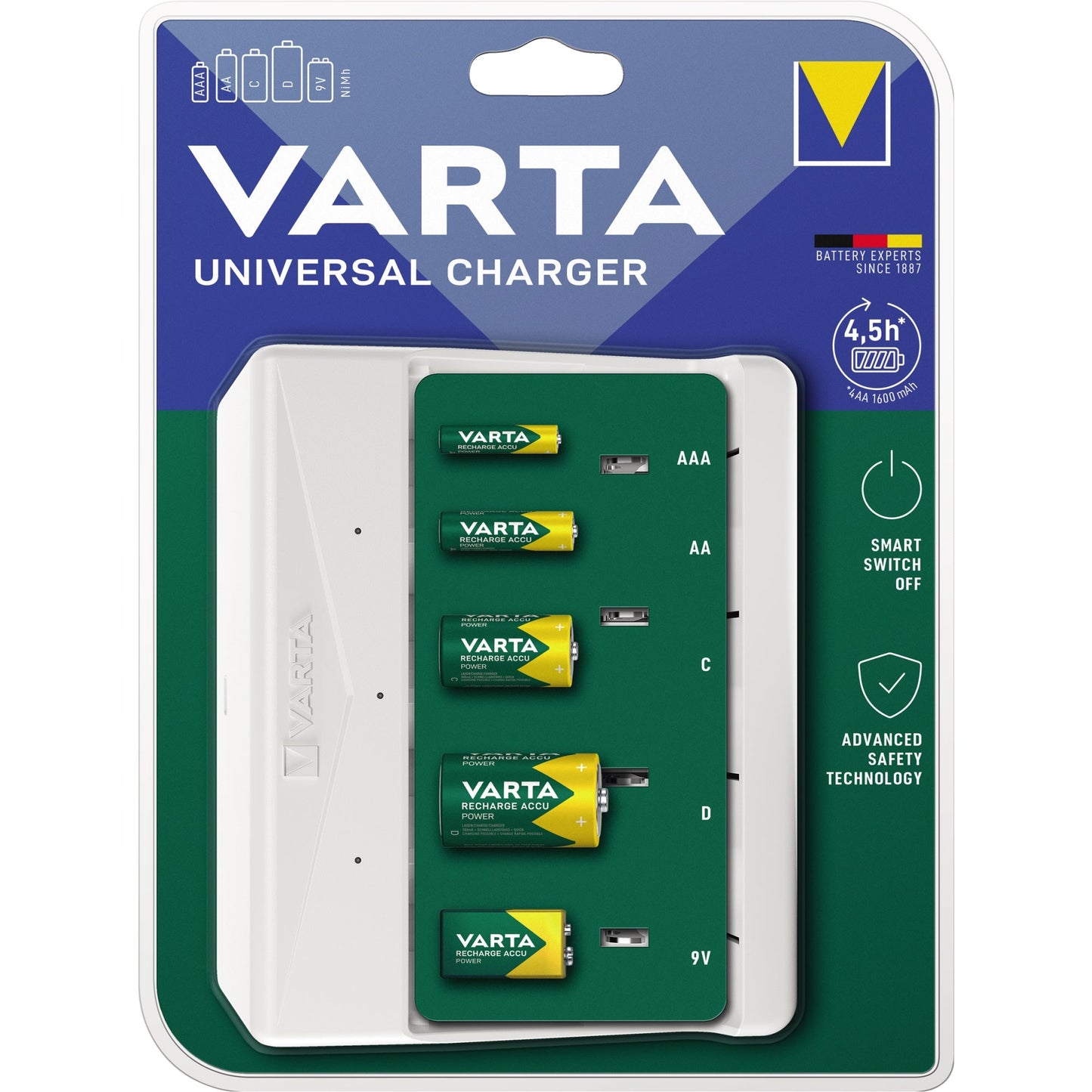 Varta Akkuladegerät Universal Charger USB-C-Ladekabel AAA/Micro, AA/Mignon, C/Baby, D/Mono, E-Block 4,5h