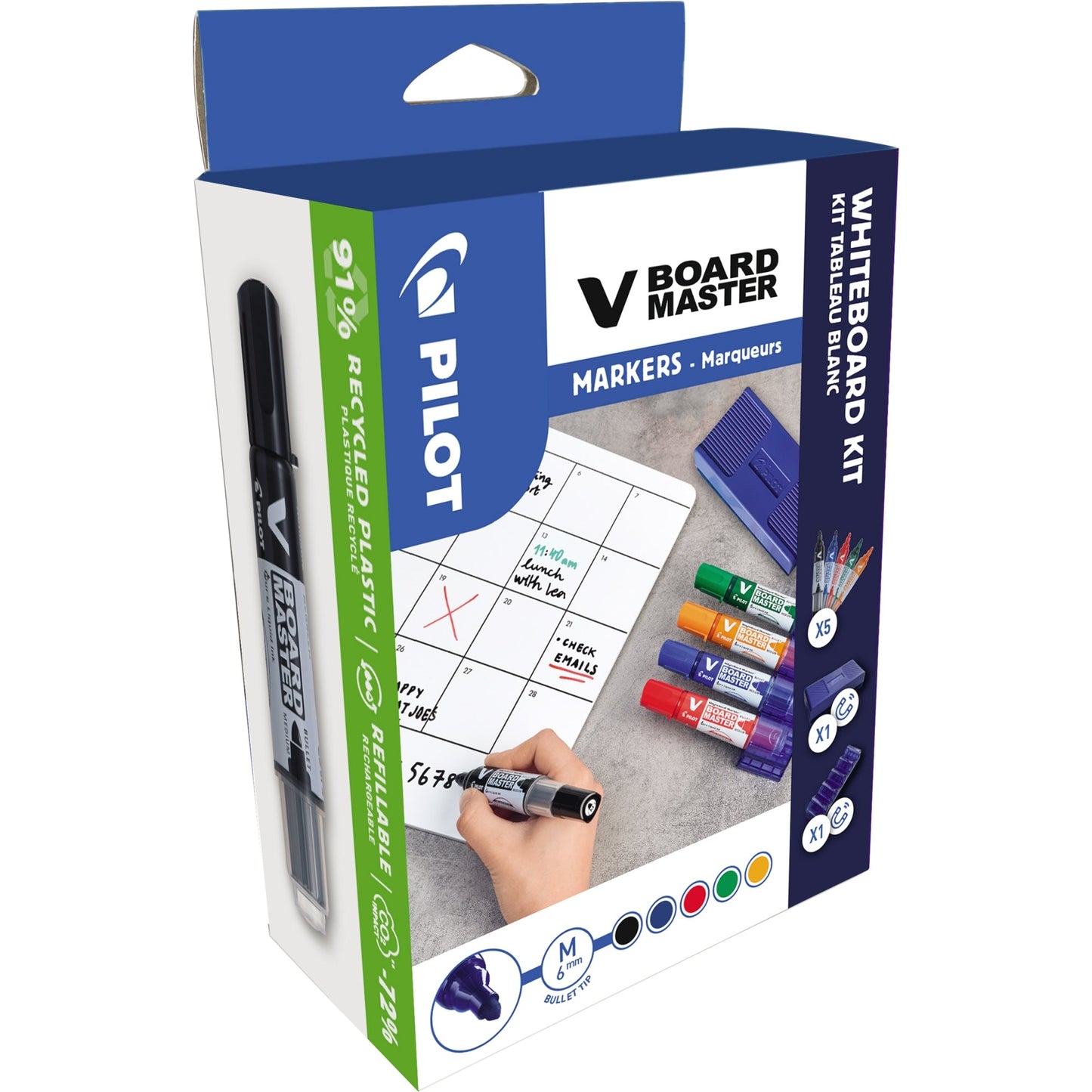 PILOT Starterset Whiteboard V-Board Master Kit 5 Boardmarker Rundspitze 2,3 mm (rot, blau, grün, schwarz, orange), 1 magnetischer Penholder, 1 Tafelwischer