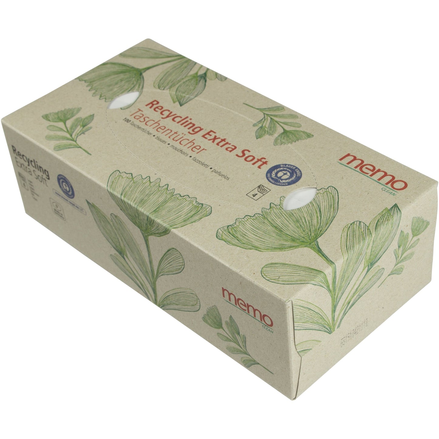 memo Papiertaschentücher Recycling Extra Soft 20 x 21 cm (B x H) 4-lagig Papier, 100 % recycelt weiß 100 St./Pack.