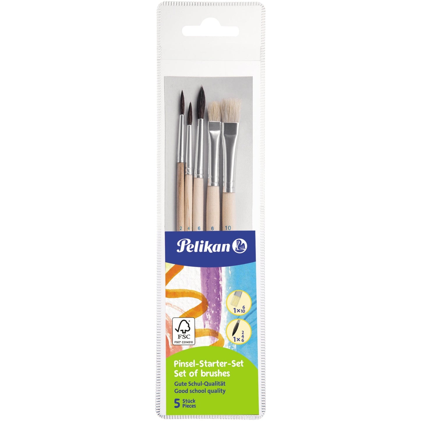 Pelikan Pinselset inkl. je 1 Haarpinsel Sorte 24 Größe: 2, 4, 6, je 1 Borstenpinsel Sorte 613F Größe: 6, 10 Haar, Borste 5 St./Pack.