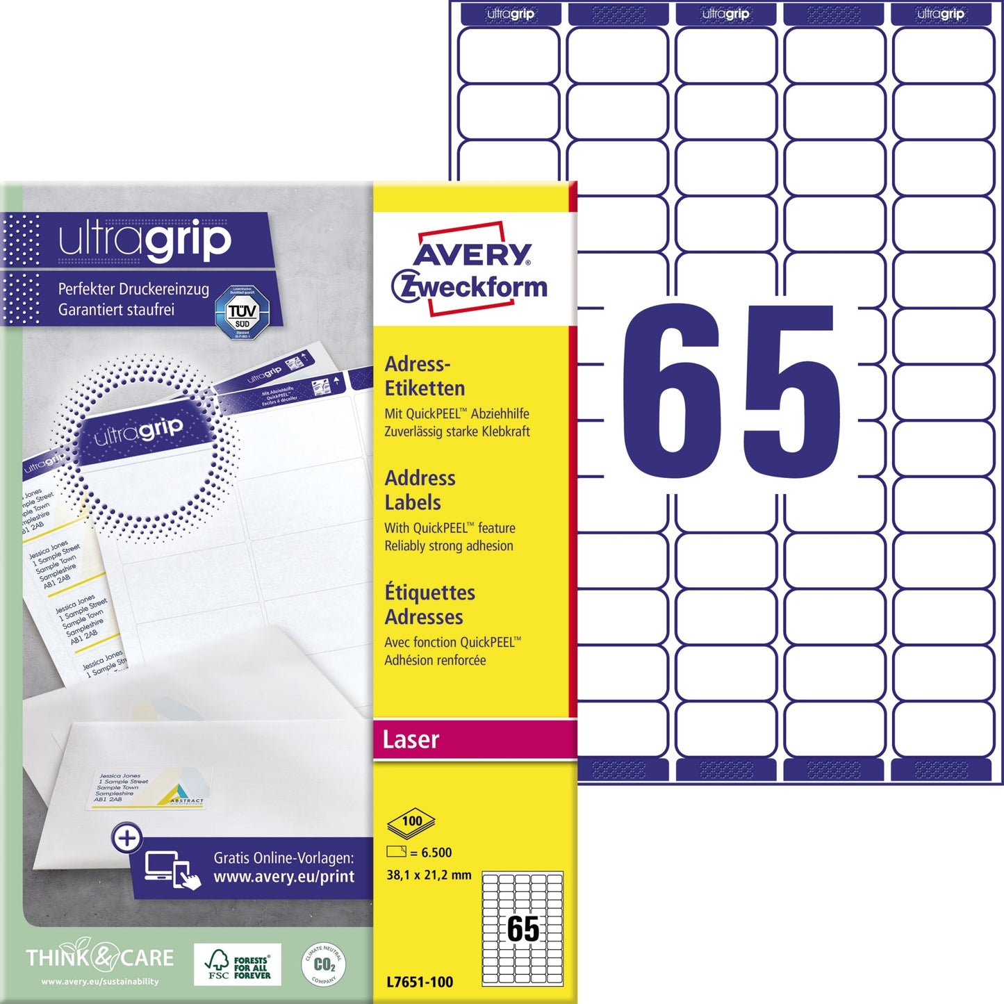 Avery Zweckform Adressetikett ultragrip 38,1 x 21,2 mm (B x H) Papier weiß 6.500 Etik./Pack.